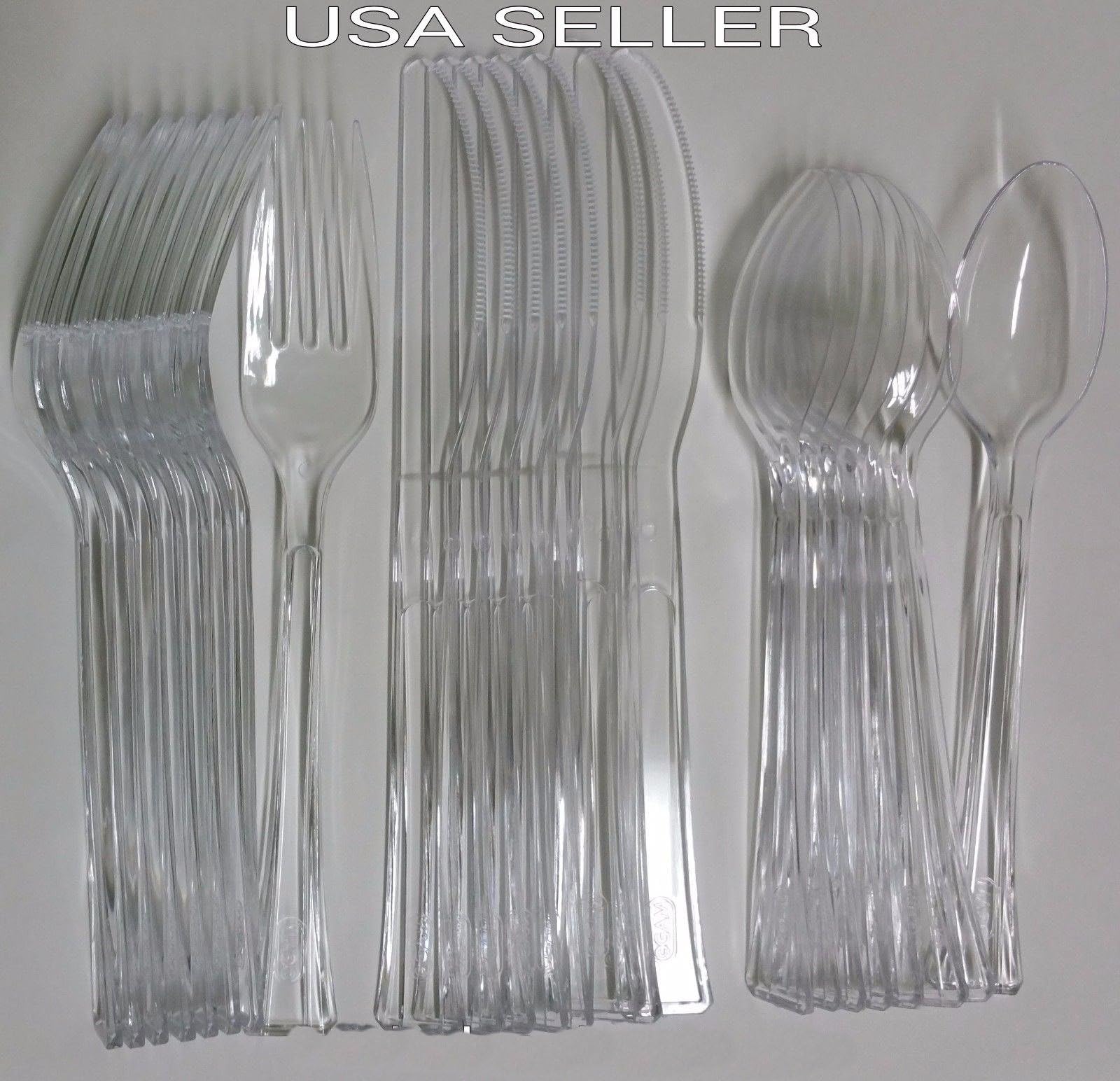 24 Plastic Spoons Forks Knives Clear Extra Heavy Duty Cutlery NEW (192)