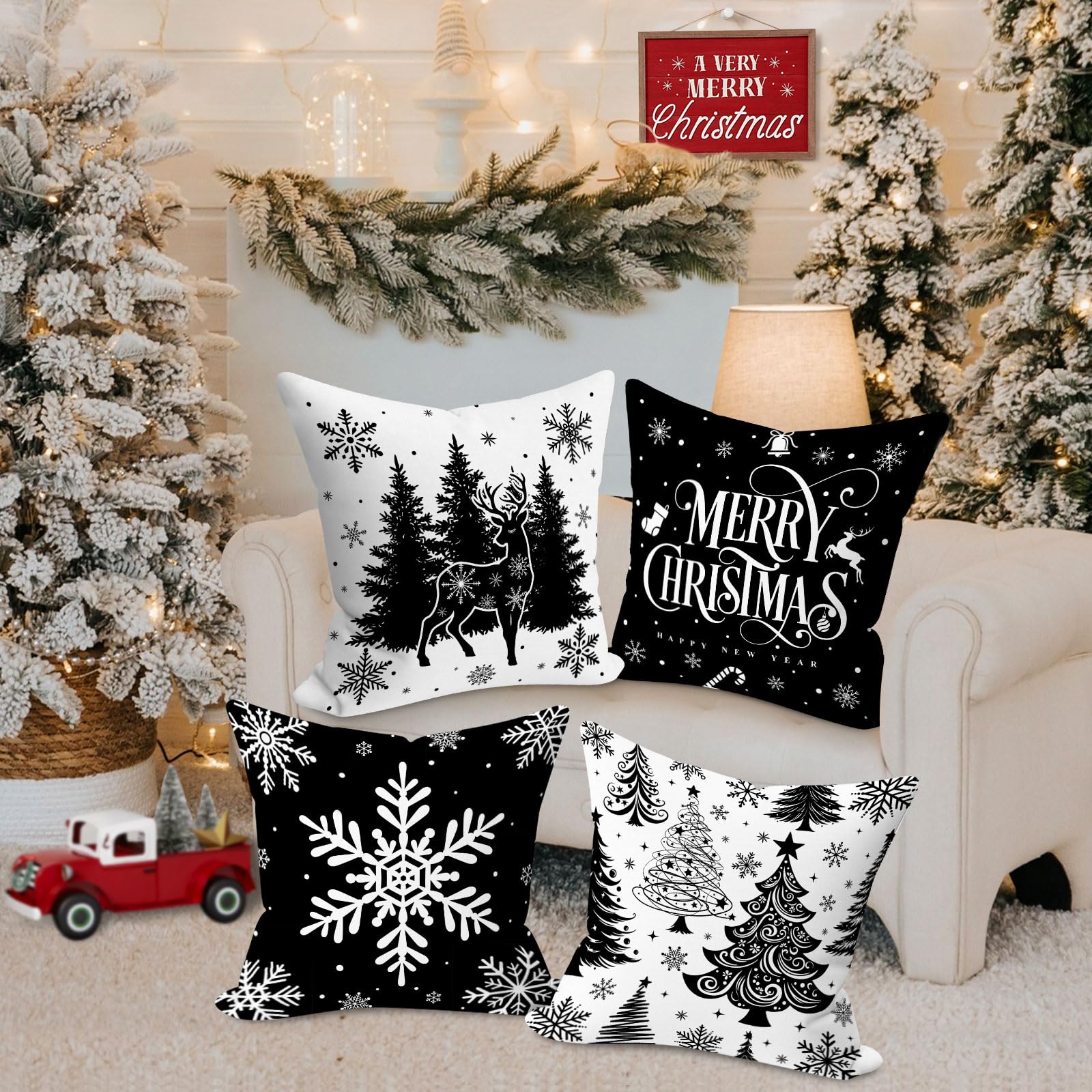 Lanpn 40x40 cm Black Christmas Pillow Covers Set of 4, Winter Decorative Pillow Case - Image 4