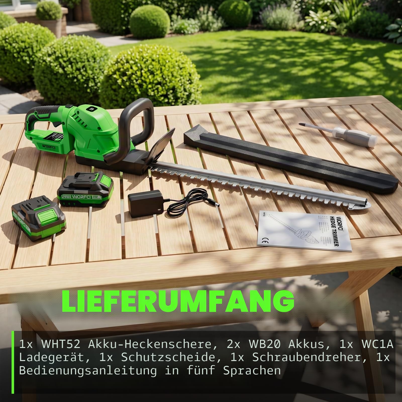 20 Zoll Akku-Heckenschere (inklusive 2 Akkus und Ladegerät), Elektrischer Hand-Bush-Trimmer, 180° drehbarer Griff, Grasstrauchschneider, Leicht & Kompakt Grün