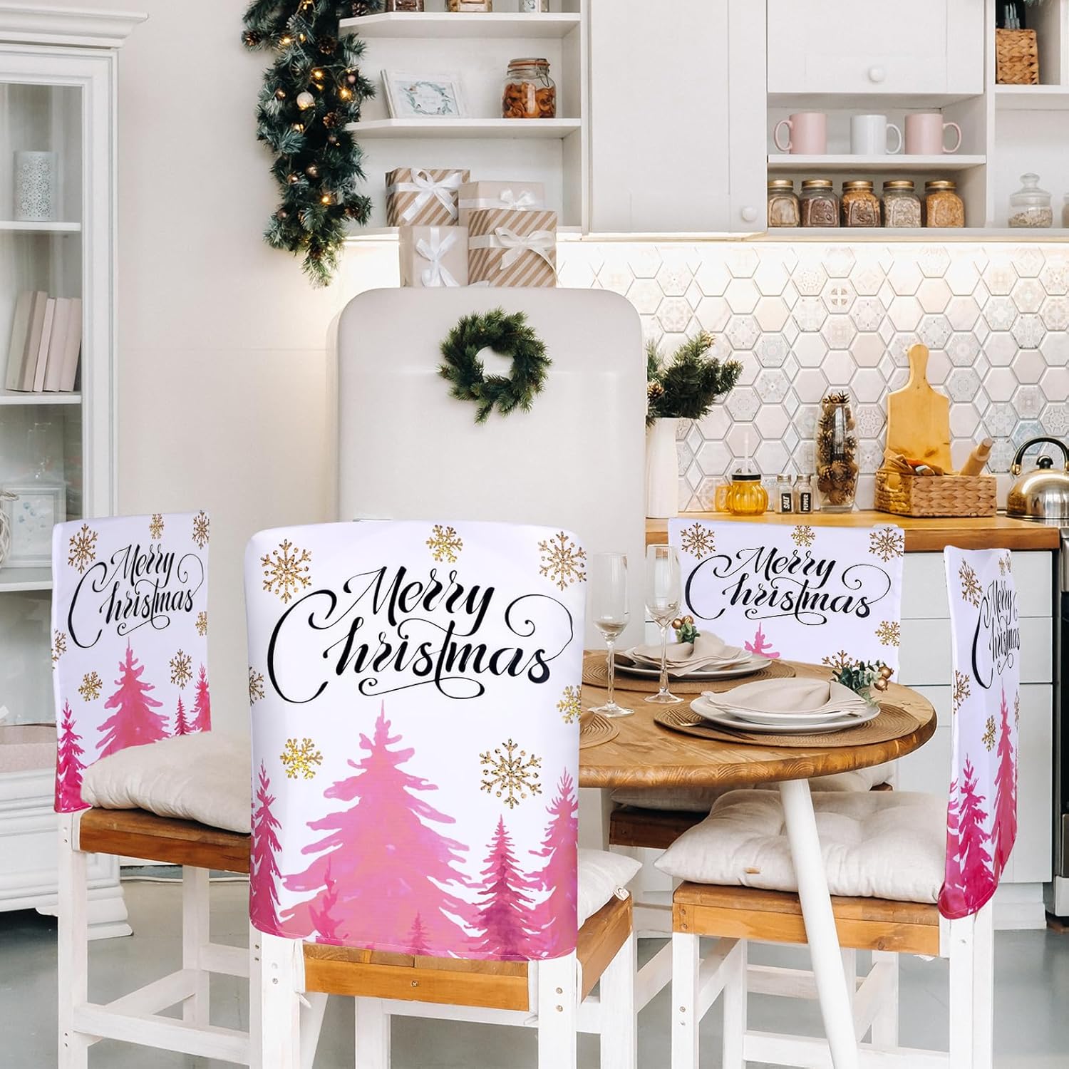 WovWeave 6 Pcs Pink Christmas Chair Covers Merry Christmas Dining Chair Slipcovers Stretch Seat Covers for Chair for Dining Room Kitchen Wedding Hotel Xmas Holiday Party Decor Banquet 23.62 x 19.69 in