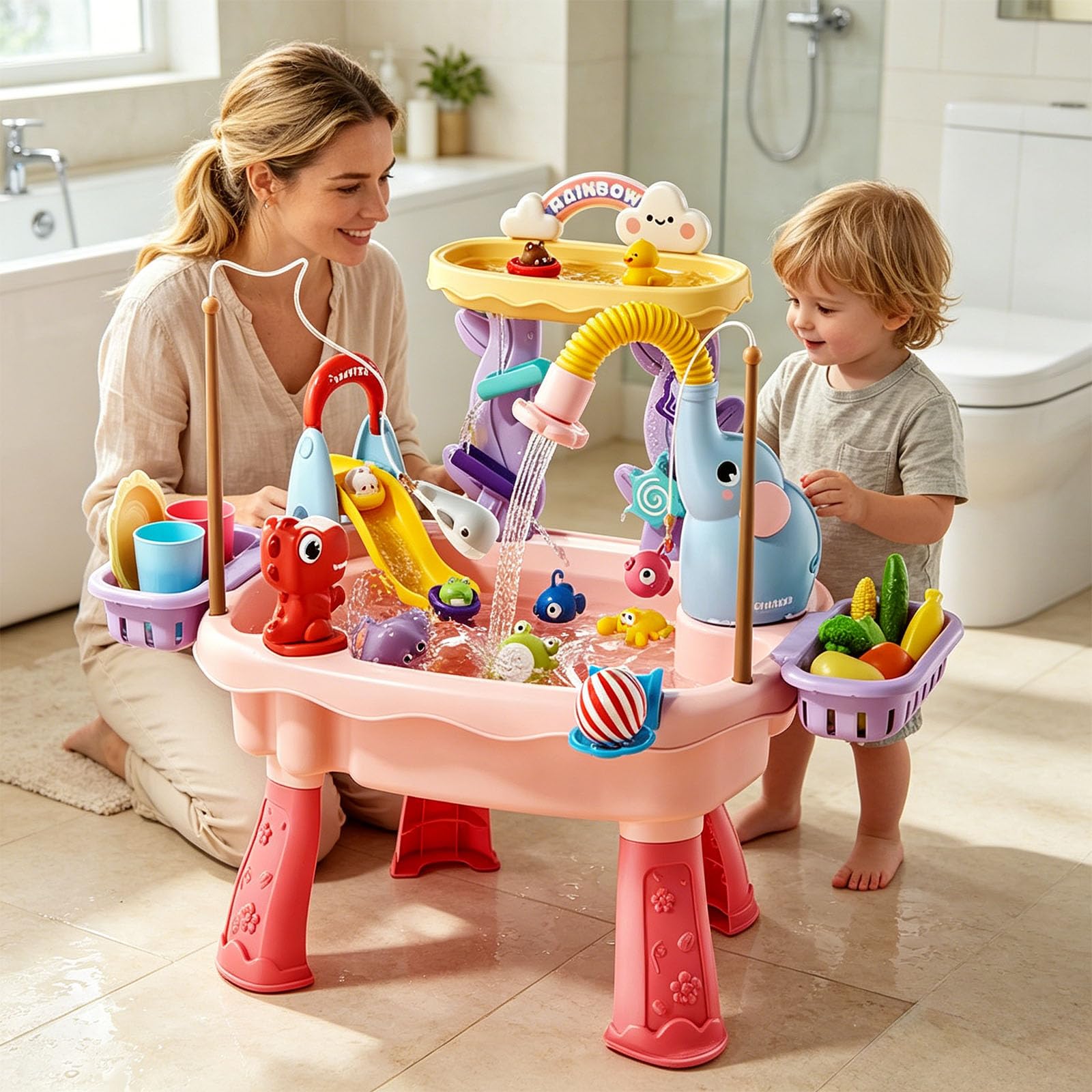 Generisch Wassertisch für Kinder Sand Wassertisch Spielzeug Großer Wassertisch Wasserspielzeug Rutsche und Angelspielen Outdoor Strandspieltisch Sinnesspielzeug für Jungen Mädchen