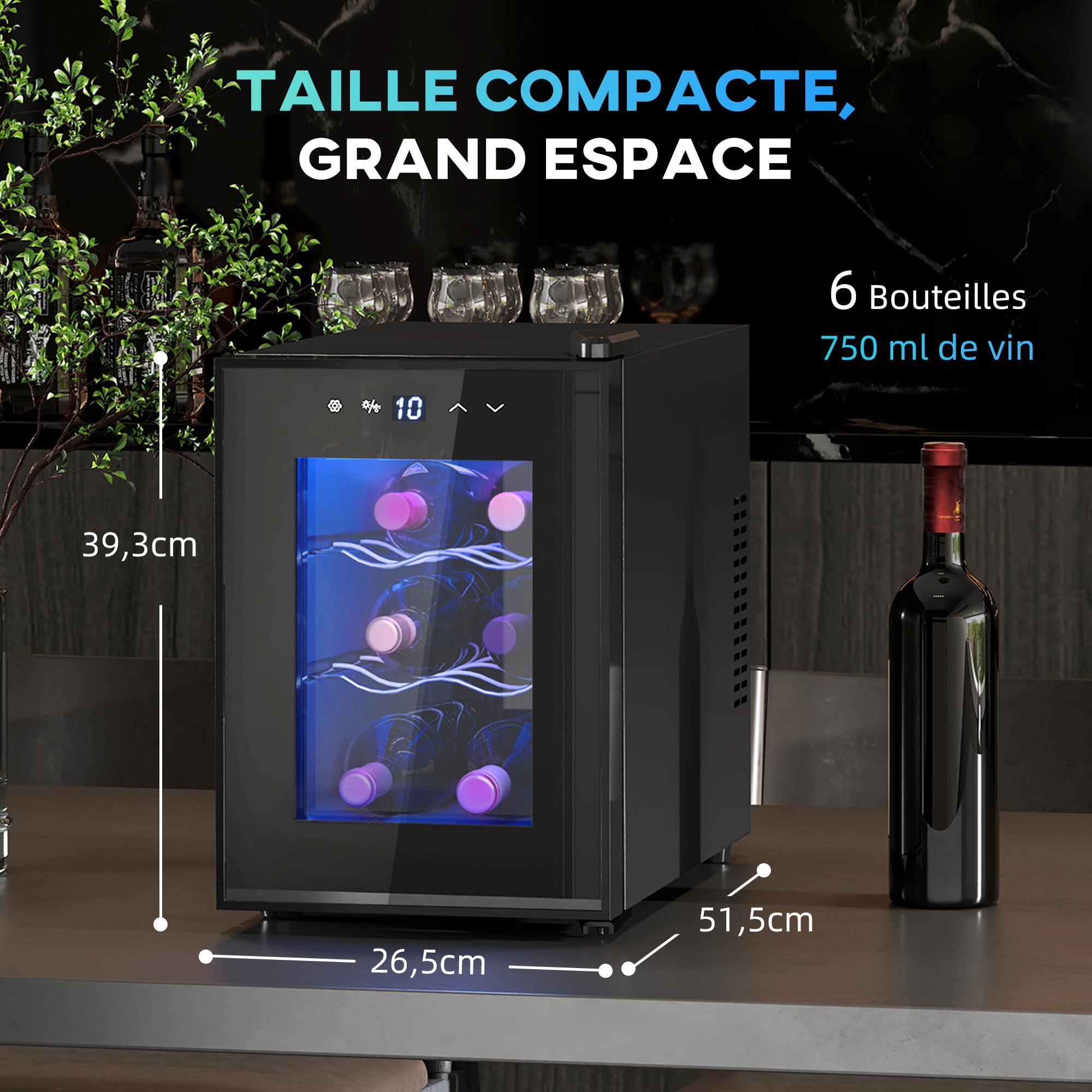HOMCOM Cave à Vin 6 Bouteilles 17L, Réfrigérateur à Vin Silencieux, Porte en Verre, Éclairage LED, Écran Tactile, Contrôle Température 8-18°C, Protection UV, Noir