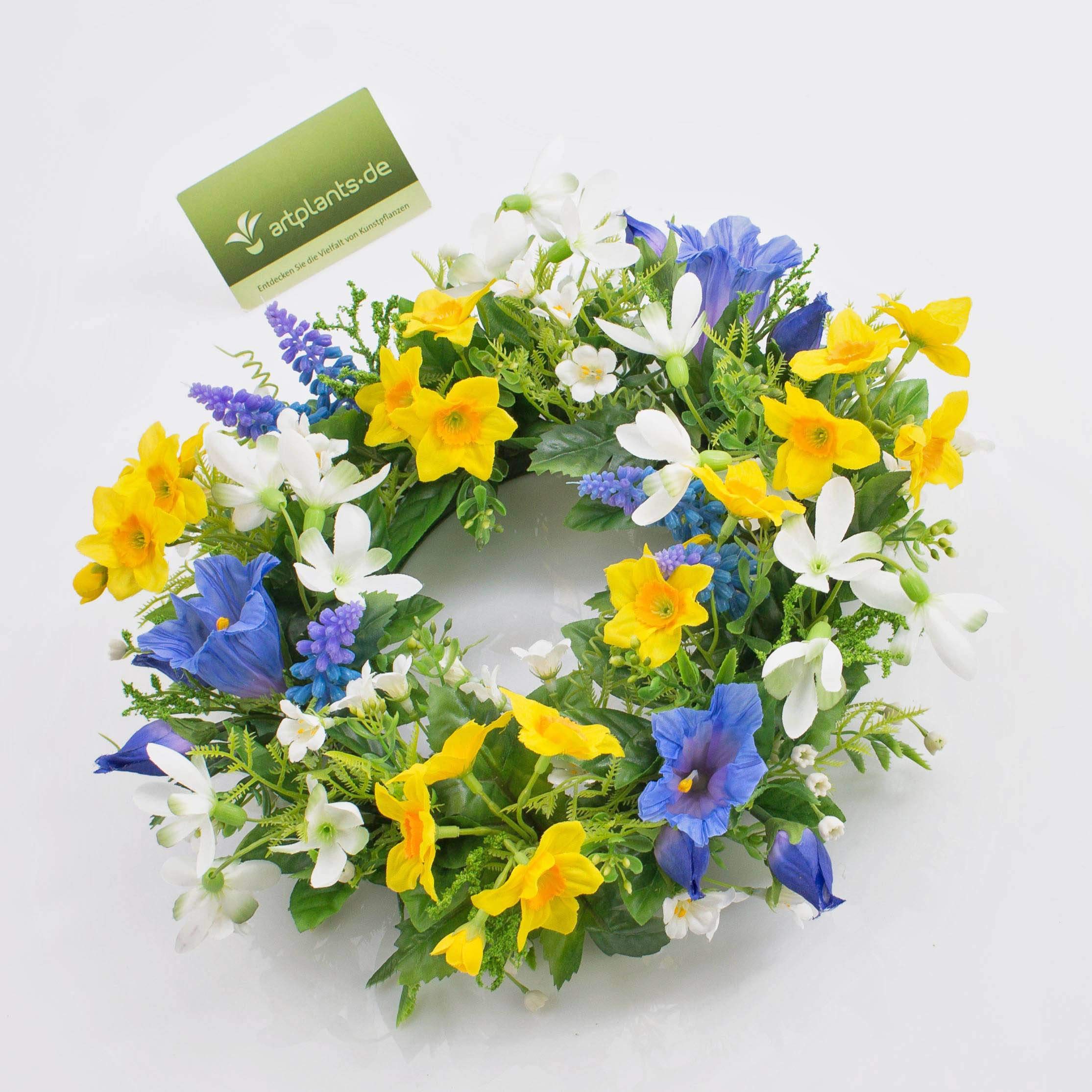 artplants.de Künstlicher Frühlingskranz Filippa, Narzisse, Hyazinthen, gelb - blau, Ø 30cm - Kunst Kranz - Deko Kranz | Narzisse, Hyazinthen - Kunst Kranz - Deko Kranz