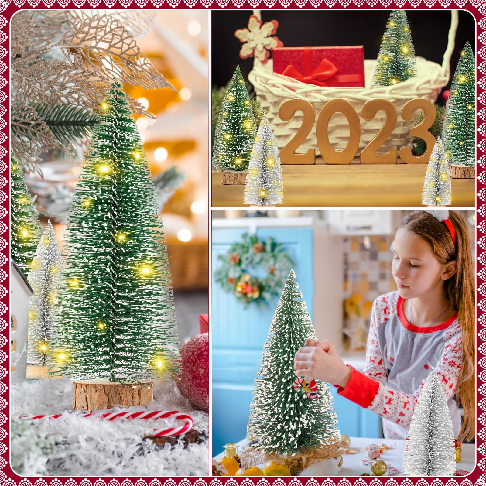 Lenwen 18 Pack Mini Christmas Trees with 6 LED Lights Bottle Brush Trees Mini Christmas Pine Tree with Wooden Bases Miniature Tabletop Tree Decor for Home Christmas Party Decoration(Green and Silver)