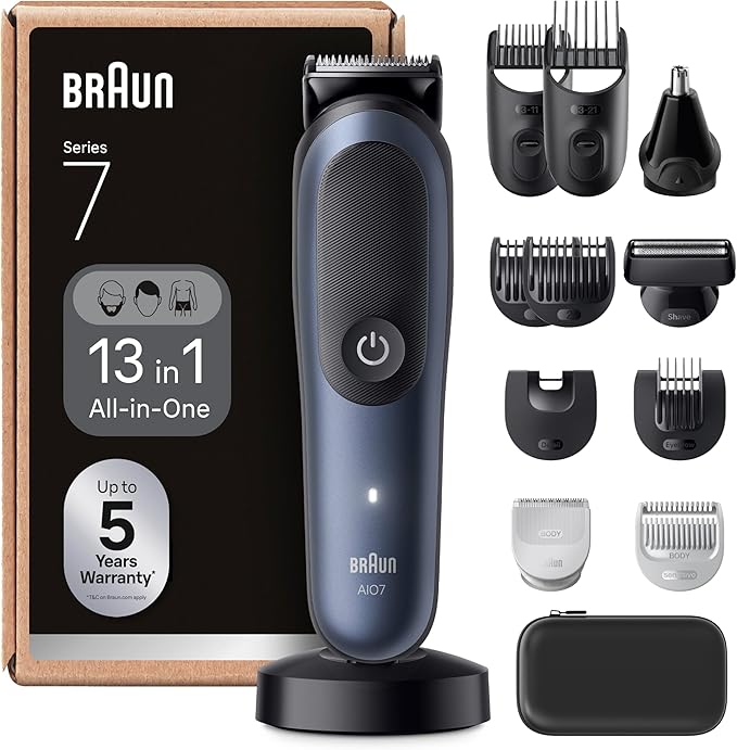 Braun Recortadora Todo En Uno Series 7 AIO7565, Kit De Styling 13en1 Para Barba, Pelo, Orejas, Nariz y Cuerpo, 14 Longitudes, 120 Min De Autonomía, Cortapelos Hombre Con Lámina Ultra Afilada, Azul