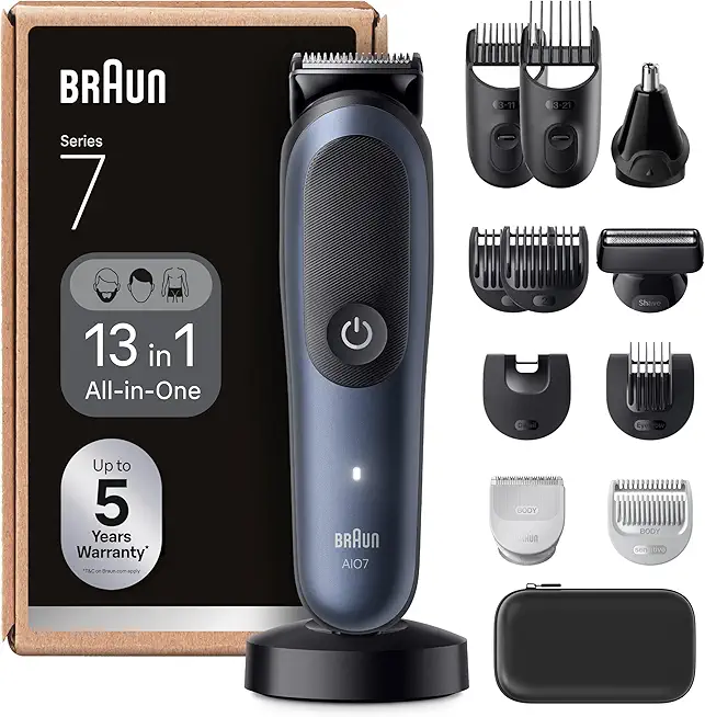 Braun All-in-One Series 7, 13-in-1 Multigroom, Barttrimmer, Nasenhaartrimmer, Haarschneidemaschine für Gesicht, Kopf und Körper, 120 Min Akku, 14 Längen (3–21 mm), Wasserdicht, AIO7565, Blau