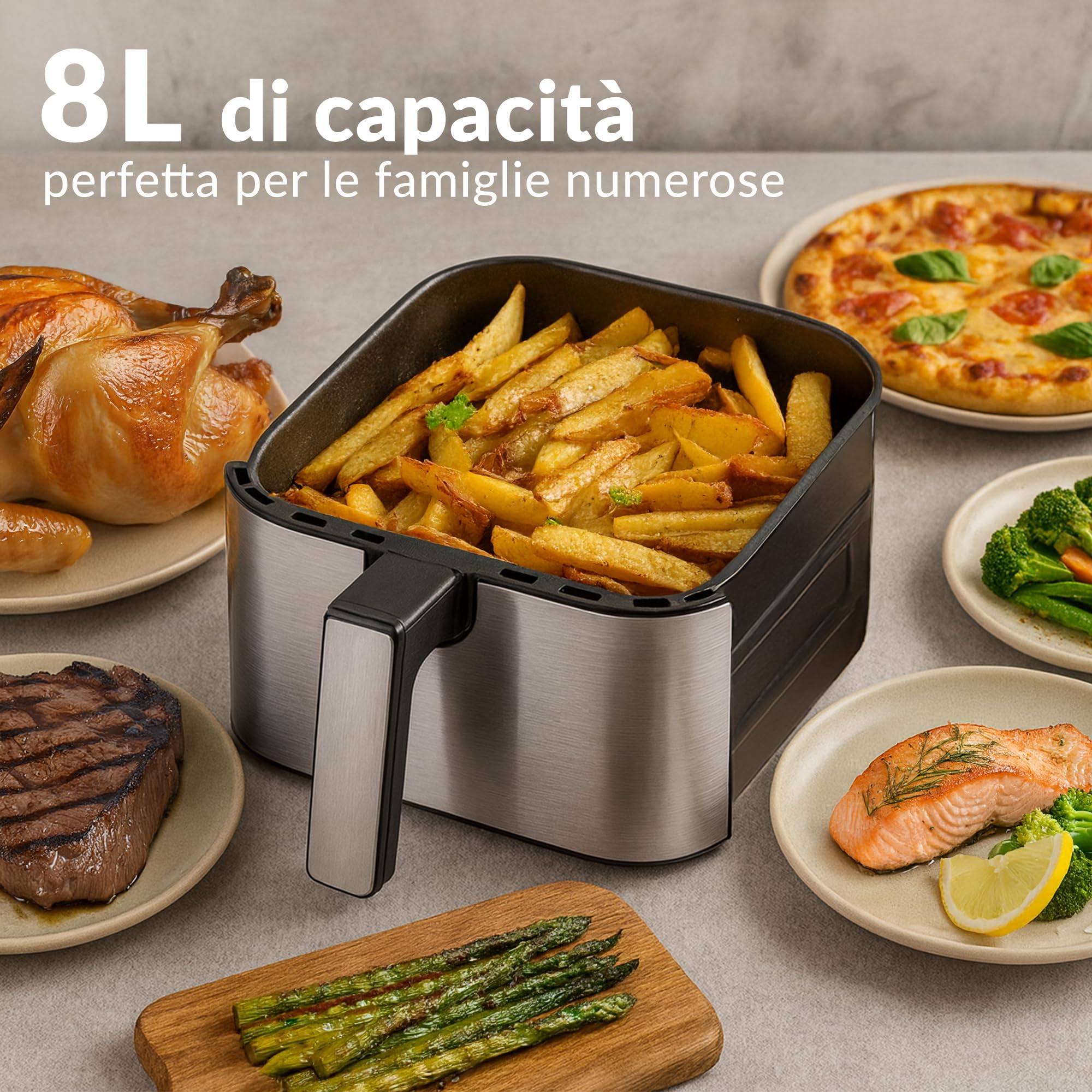 LEHMANN Friggitrice ad Aria XXL 8L, Air Fryer Familiare, 12 Programmi & Regolazione Manuale 76–200°C, Display LED Touch, Lavabile in Lavastoviglie, Rivestimento Antiaderente, 90% di Grassi in Meno