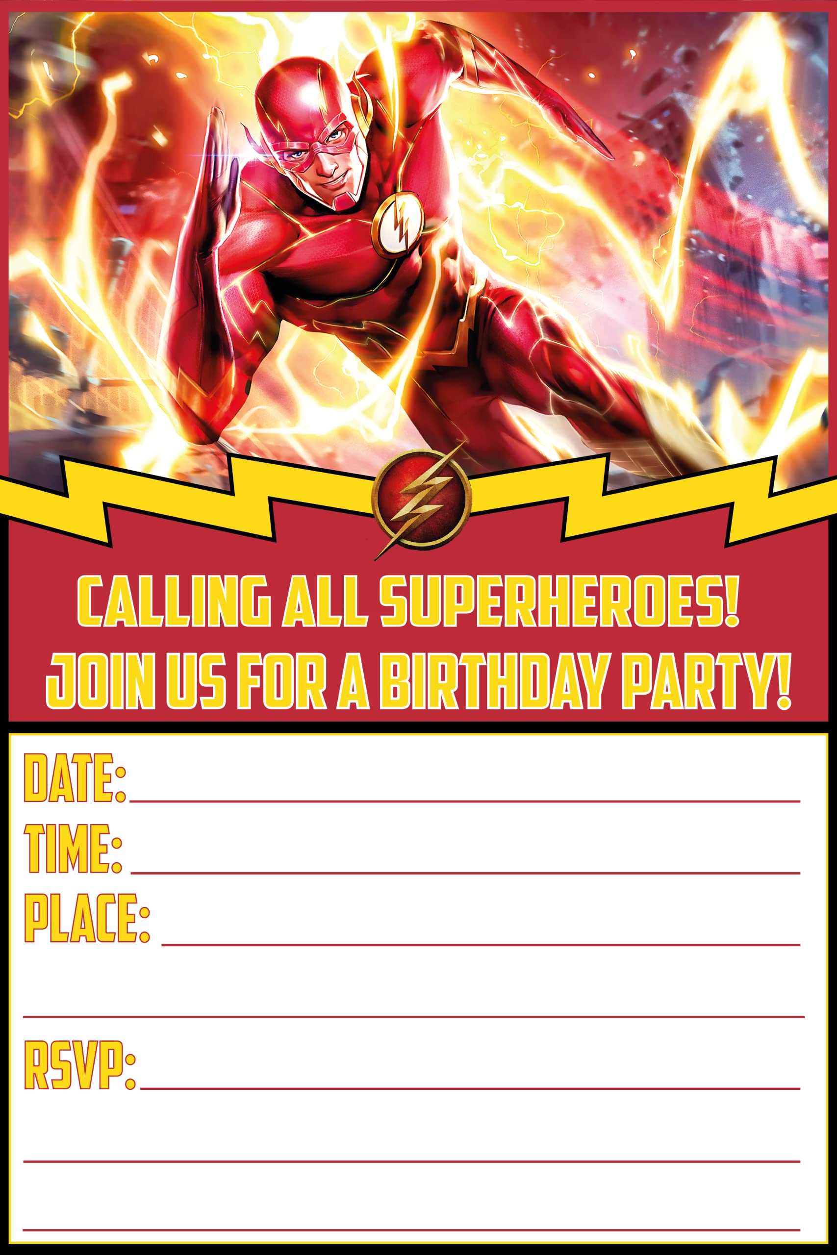 Flash Invitation Cards and Envelopes – 20 Fill-in Invites for Kids Birthday Bash and Theme Party, 10X15 cm, Postcard Style