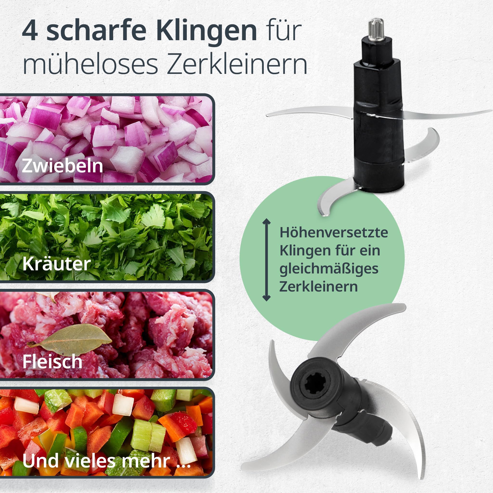 ADE Kraftvoller elektrischer Zerkleinerer | starker 500 W Motor | große 1,2 l Glasschüssel | 4 Edelstahlklingen | 2 Geschwindigkeiten | Zwiebeln, Gemüse, Fleisch | Zwiebelschneider