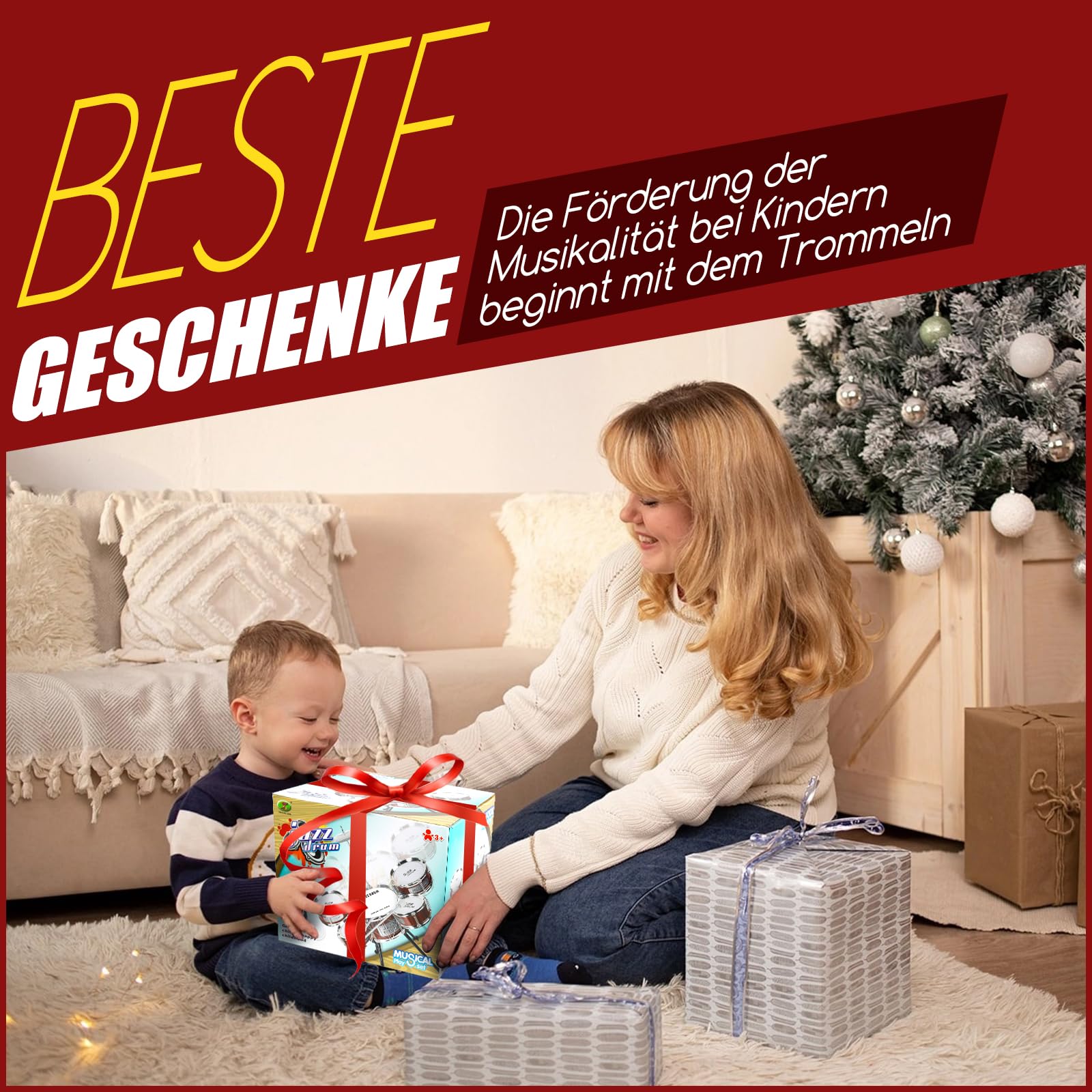 Schlagzeug für Kinder, Trommel Kinder Spielzeug Sets mit 5 Trommeln mit Hocker Percussion, Jazz Schlagzeug Musikinstrument, Erziehung Lernspielzeug Geschenk für 3 4 5 6 Jahre Jungen Mädchen Anfänger