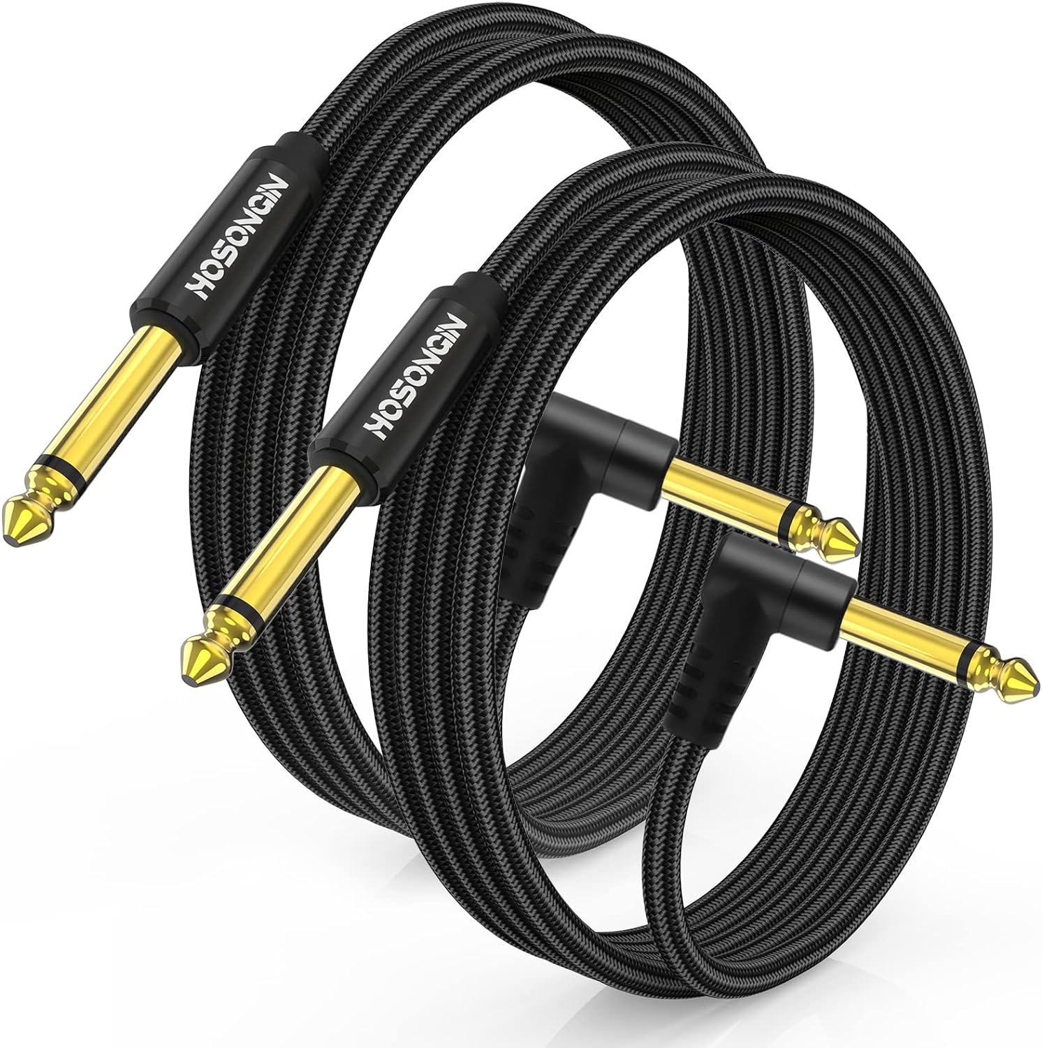 HOSONGIN Guitar Cable 15 feet 2 Pack - 1/4 Inch Electric Instrument Cable Bass AMP Cord for Electric Guitar, Bass Guitar, Electric Mandolin, Pro Audio - Black Nylon Braided, 24K Gold Plated Plug