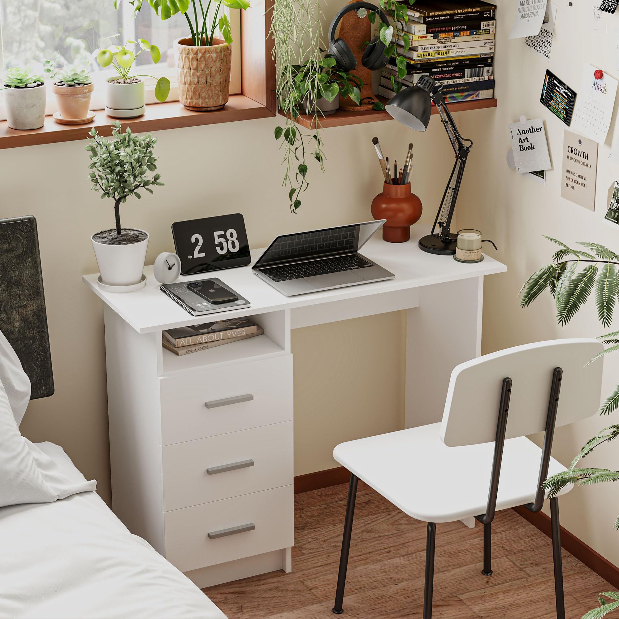 HOMCOM Scrivania Salvaspazio Moderna 3 Cassetti 100x40x75 cm Bianco | Ripiano Aperto, Scrivania con Cassetti in Legno, per Ufficio Studio Camera da Letto