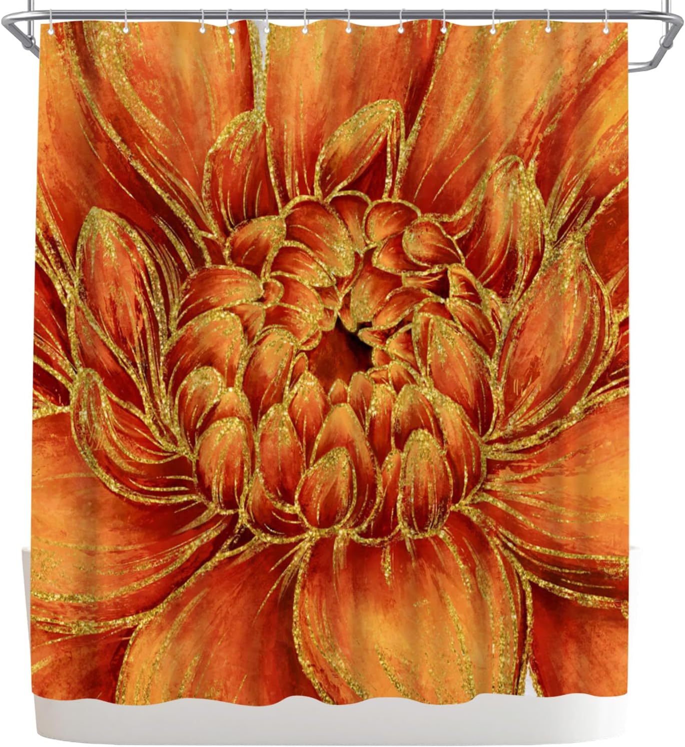 WELMECO Bathroom Decor Floral Shower Curtain, Gold Texture Printed, 72x72inch Flower Shower Curtain (Orange)