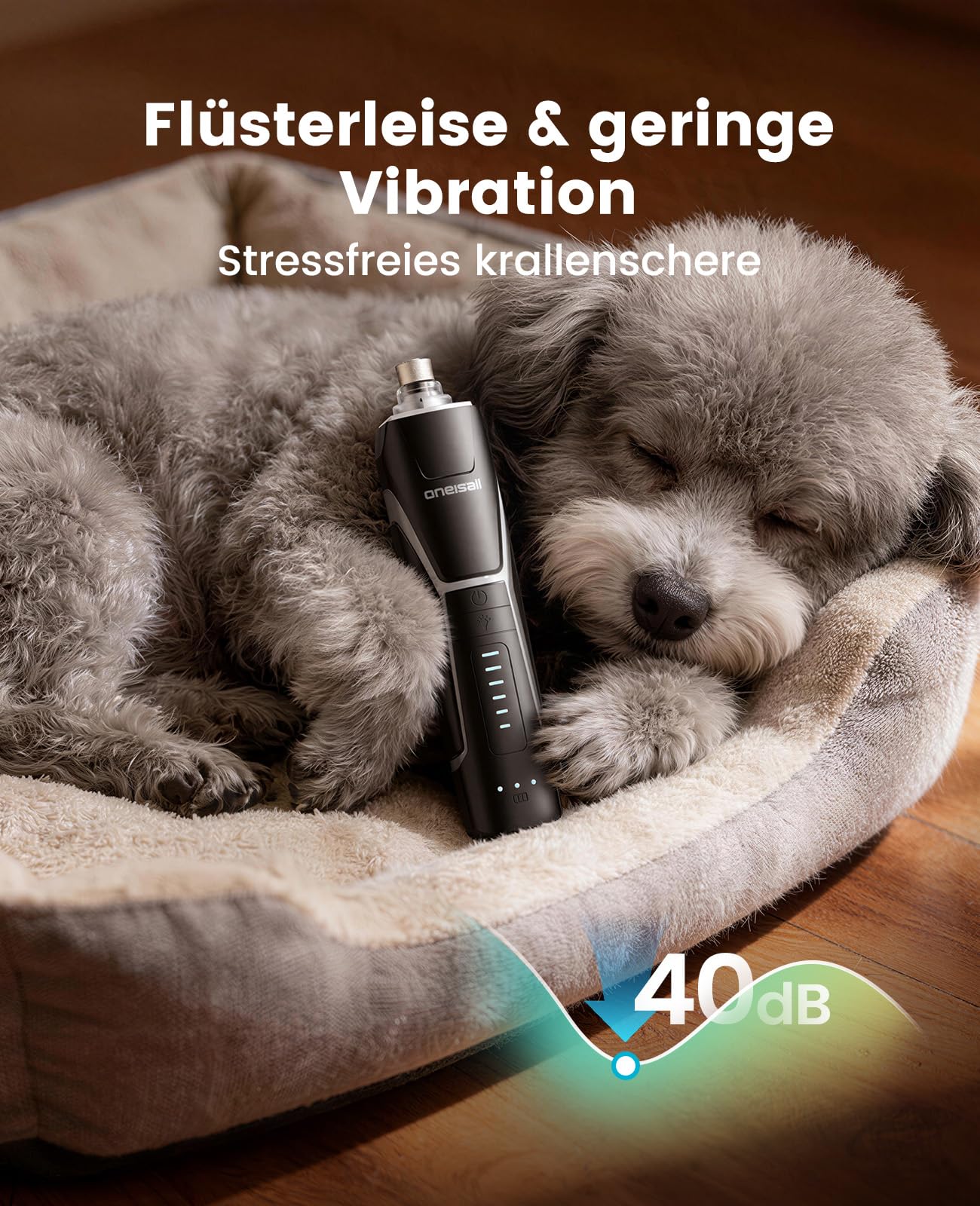 oneisall Hunde Krallenschneider mit 360° LED-Licht, Krallenschleifer für Hunde groß und klein 6 Geschwindigkeiten bis 12000rpm, leiser 40dB krallenschneider für Hunde 3 STU. Akkulaufzeit