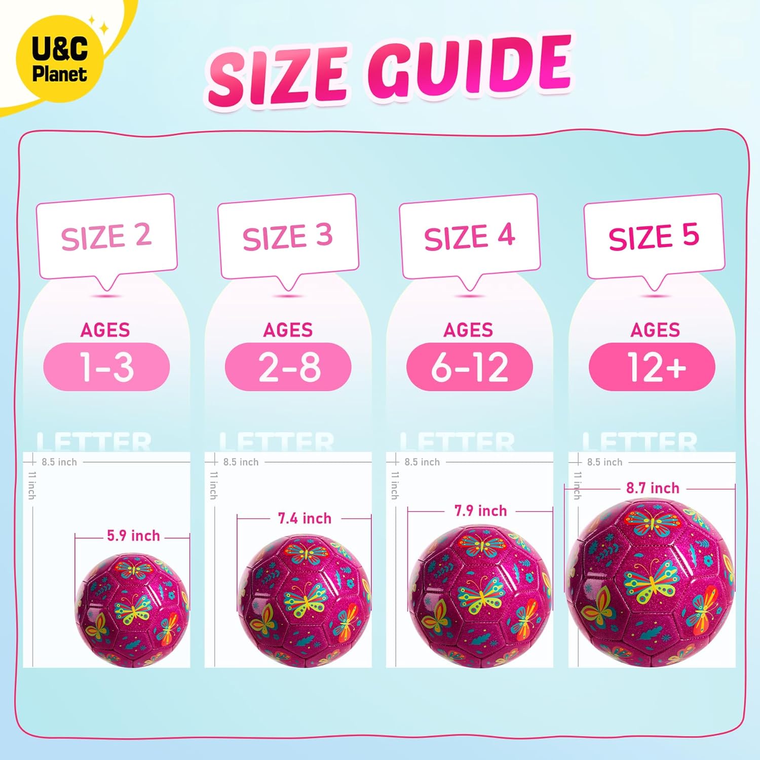 U&C Planet Soccer Ball Size 2 Size 3 Size 4 for Toddler Kids with Pump Deflated, Cartoon Unicorn Dinosaur Soccer Ball Toy for Girls Boys 1-3 2-8 6-12
