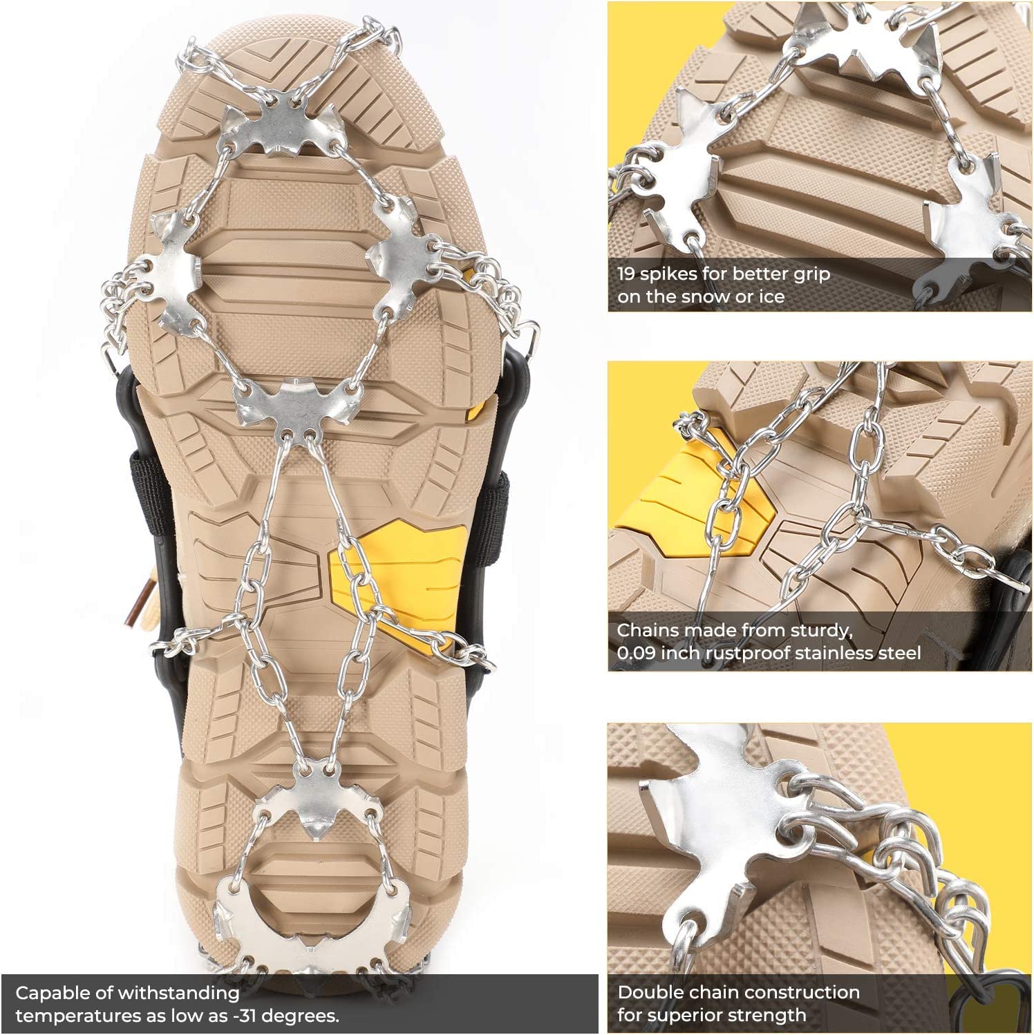 Sportneer Ramponi da Ghiaccio a trazione, 19 Denti 201 Inox Copertura Antiscivolo per Scarpe da Neve, ramponi per scarponi, Protezione sicura per Camminare, Jogging, Pesca, Camp