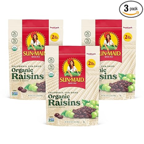 Sun-Maid Organic California Sun-Dried Raisins - 32 oz Resealable Bag - Organic Dried Fruit Snack for Lunches, Snacks, and Natural Sweeteners (Pack of 3)