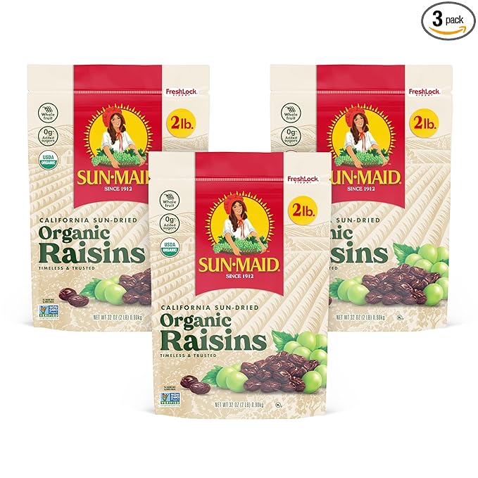 Sun-Maid Organic California Sun-Dried Raisins - 32 oz Resealable Bag - Organic Dried Fruit Snack for Lunches, Snacks, and Natural Sweeteners (Pack of 3)