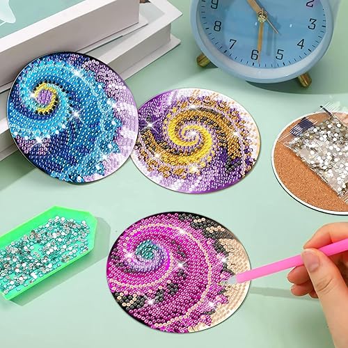 Miniatura 5 de Juego de 8 posavasos de pintura de diamantes coloridos con soporte, posavasos de arte de diamante para bricolaje, posavasos antideslizantes para