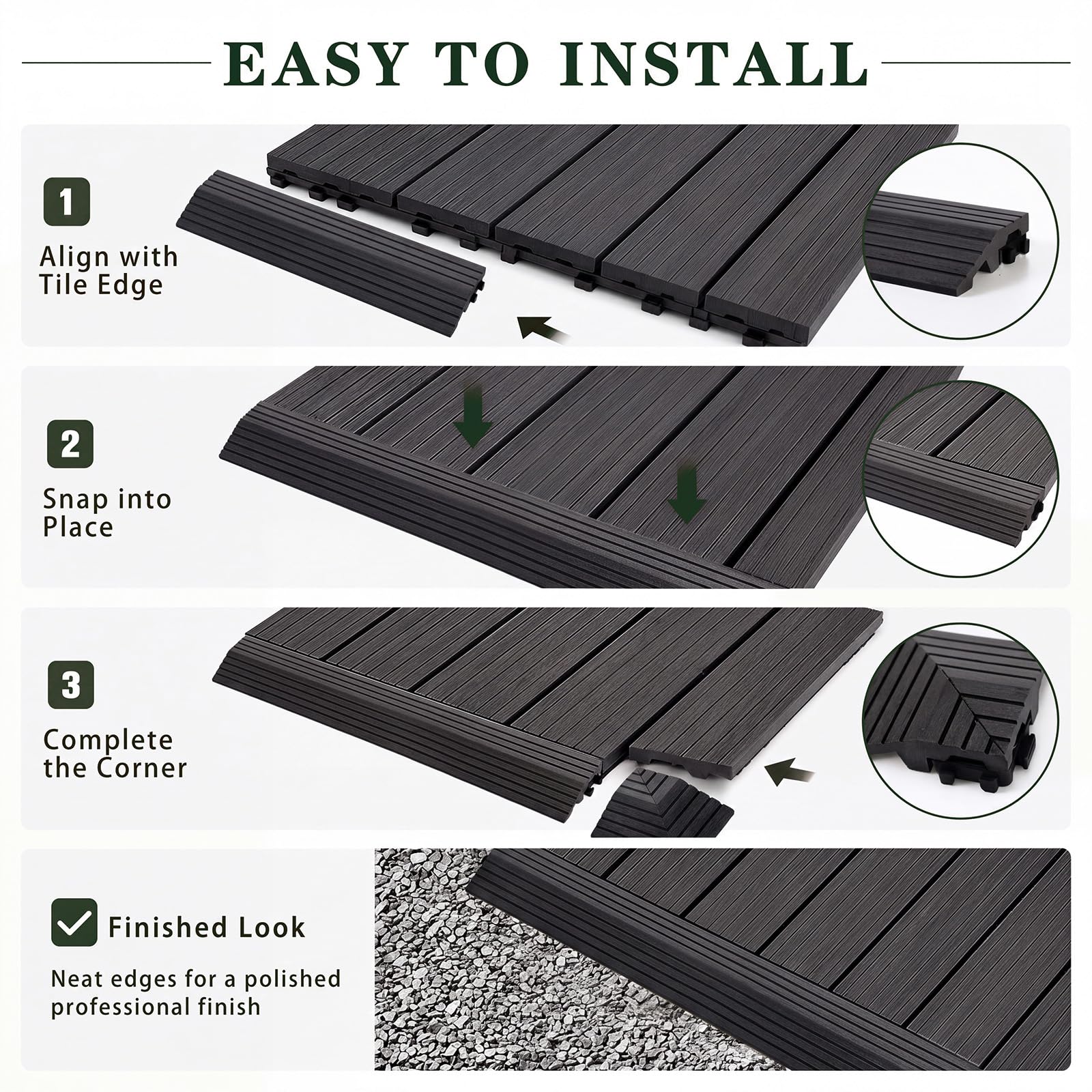 Ripeng Juego de 12 azulejos de madera negra, 8 piezas de borde recto, 4 bordes de esquina, compatibles con azulejos entrelazados de 12 pulgadas, borde de teca, fácil de instalar para pisos, azulejos