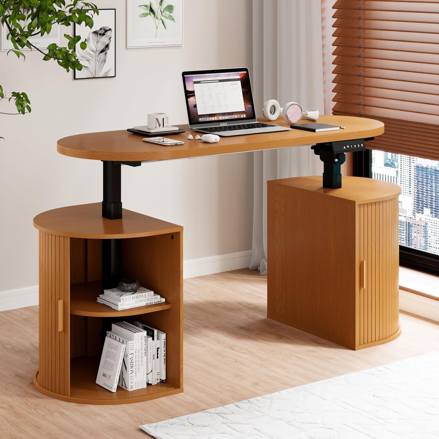 DHH 55” Electric Standing Desk with Storage,Mid Century Modern Fluted Adjustable Height Sit-Stand Desk,Wood Small Computer Executive Desk for Home Office (Yellow Oak)