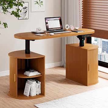 DHH 55 Electric Standing Desk with Storage,Mid Century Modern Fluted Adjustable Height Sit-Stand Desk,Wood Small Computer Executive Desk for Home Office Yellow Oak