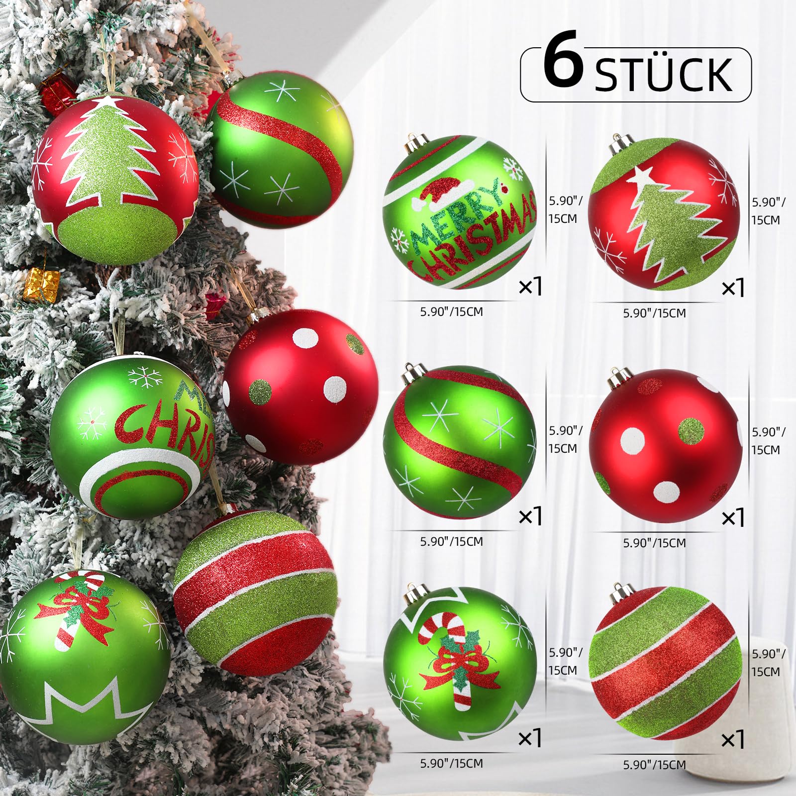 Lanpn 6 STK Große Weihnachtskugeln für Draußen, Grosse 15cm Weihnachtsbaum Kugeln Aussen, Rot Grün Elf Christbaumkugeln Outdoor, Riesen Funkelnd Tannenbaum Kugel Weihnachtsdeko Christbaumschmuck