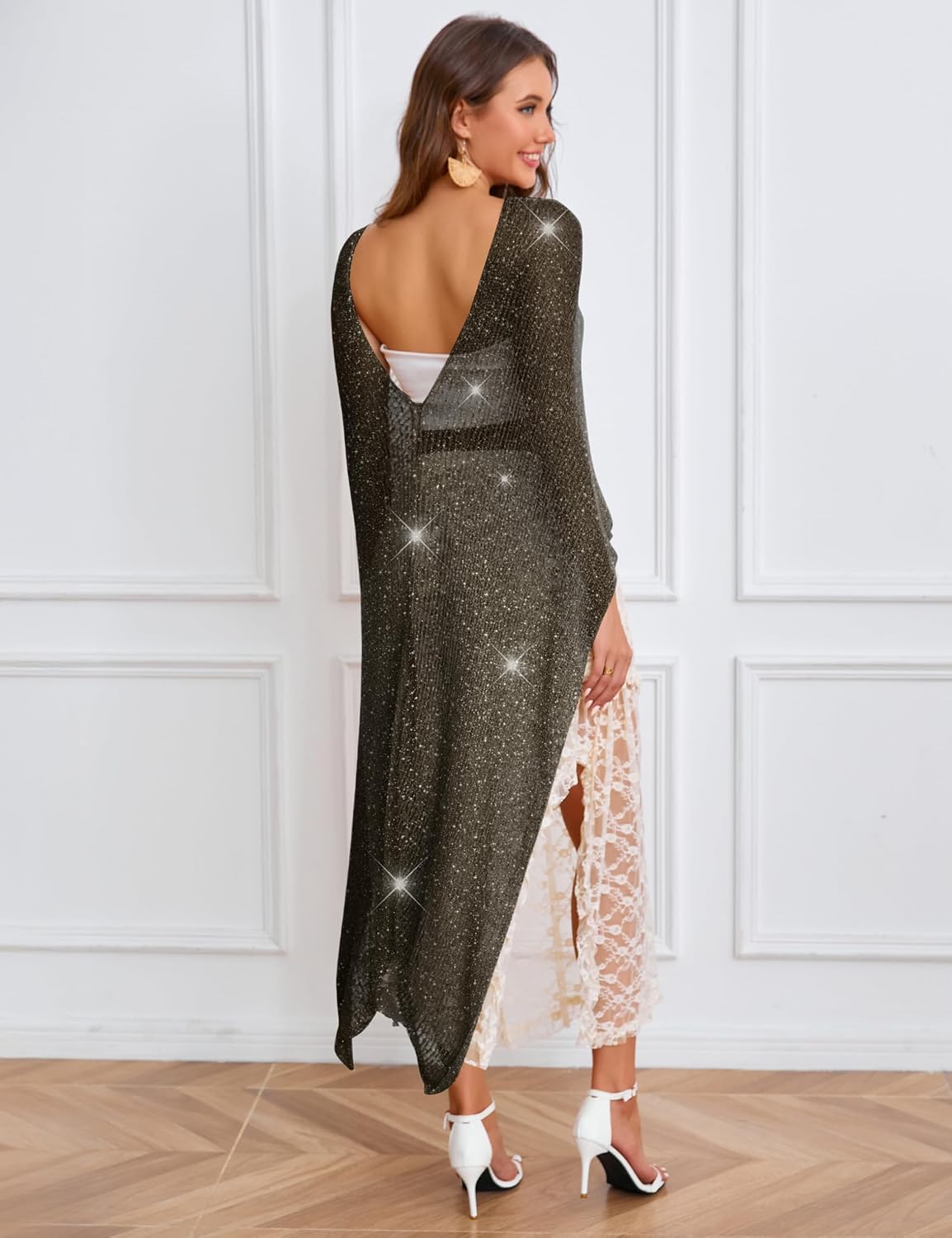 MAKABO Women's Crochet Sheer Poncho Top Lightweight Sparkly Shrug Pullover Knit Bolero Sweater Cover Up Beachwear - Image 4