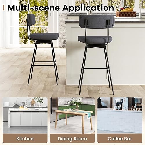 Miniatura 8 de COSTWAY Juego de 4 taburetes de bar, sillas tapizadas de altura de barra de 29 pulgadas con respaldo, sillas de comedor giratorias de 360° con patas