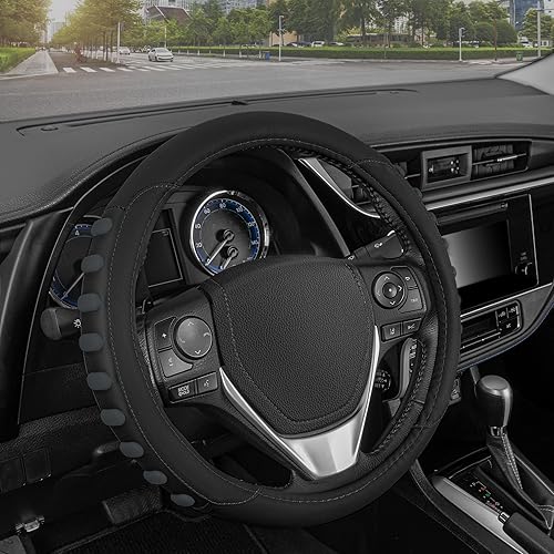 Miniatura 2 de Motor Trend FlexGrip - Funda para volante de automóvil, funda estándar de 15 pulgadas, protector de volante negro y gris carbón para auto, camión,