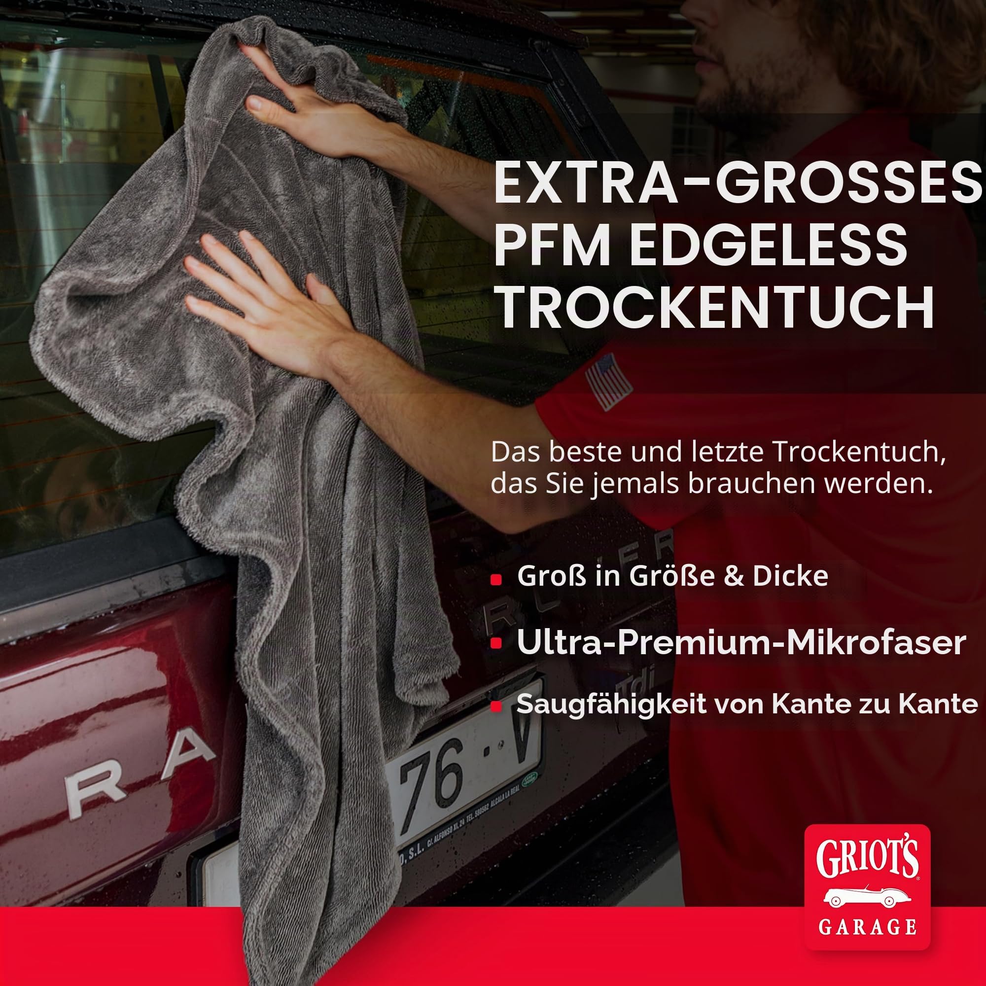 Griot's Garage Extra großes PFM randloses Mikrofaser-Trockentuch für Autowäsche und Detaillierung, ideal für SUVs, LKWs und Wohnmobile, 73,7 x 91,4 cm, 55596