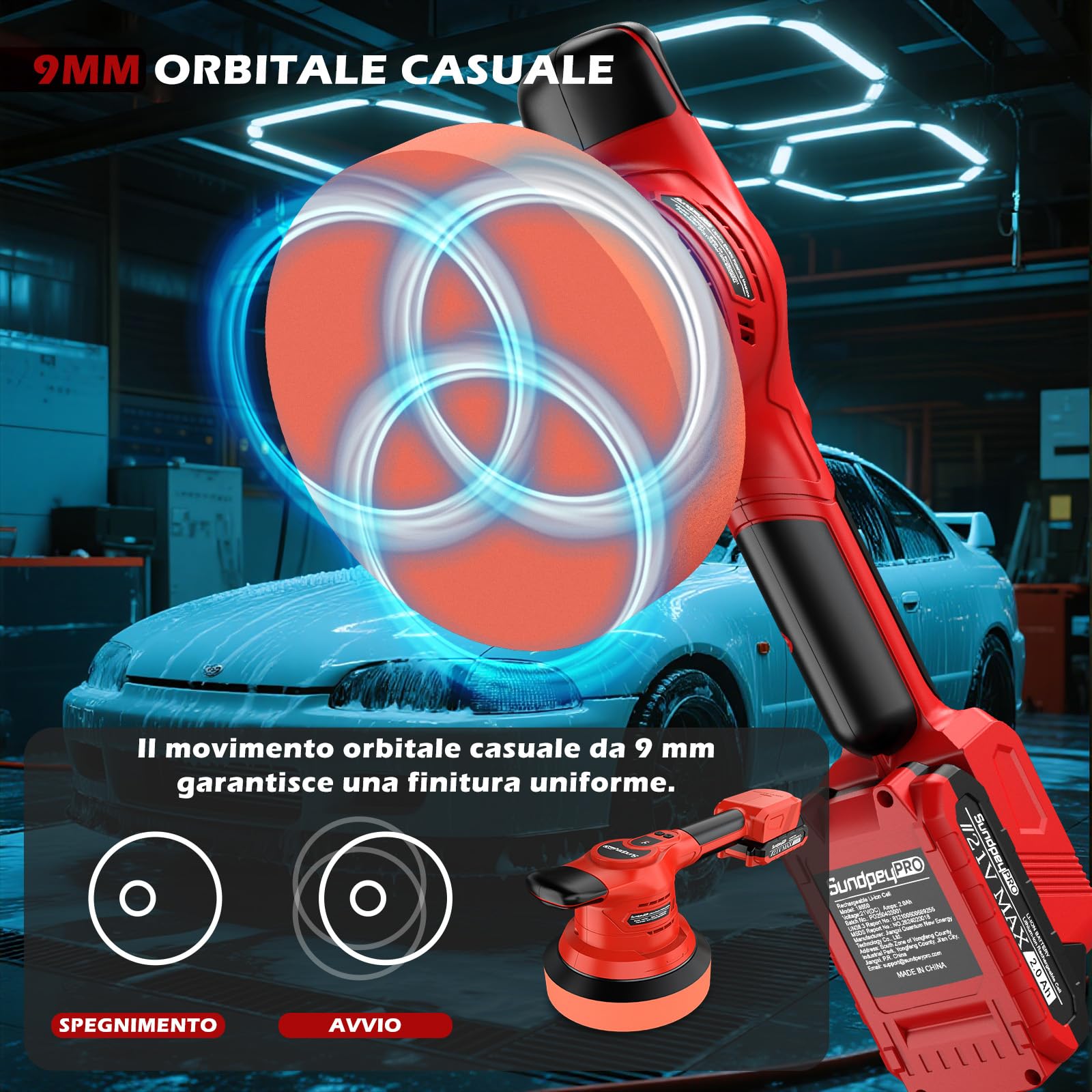 Lucidatrice Auto a Batteria Brushless, Lucidatrice Rotorbitale da 6 Pollici con 8000 RPM, 8 velocità Regolabili, 2 Batterie e Caricabatterie Rapido, per Cera, Levigatura e Rimozione Graffi