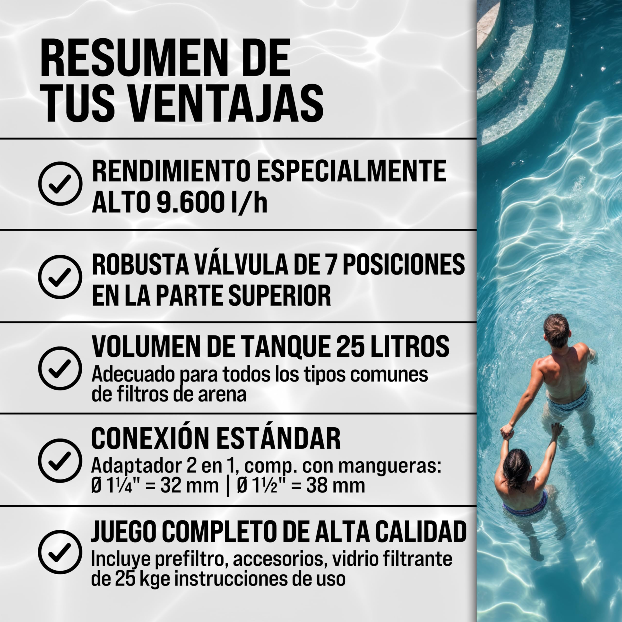 MONZANA Depuradora Piscina 9.600L/h | Filtro Arena 30.000L, Vidrio Filtrante, Valvula 7 Funciones Filtrado, 400W, Bomba, Indicador Presión, Adaptador Ø32-38mm