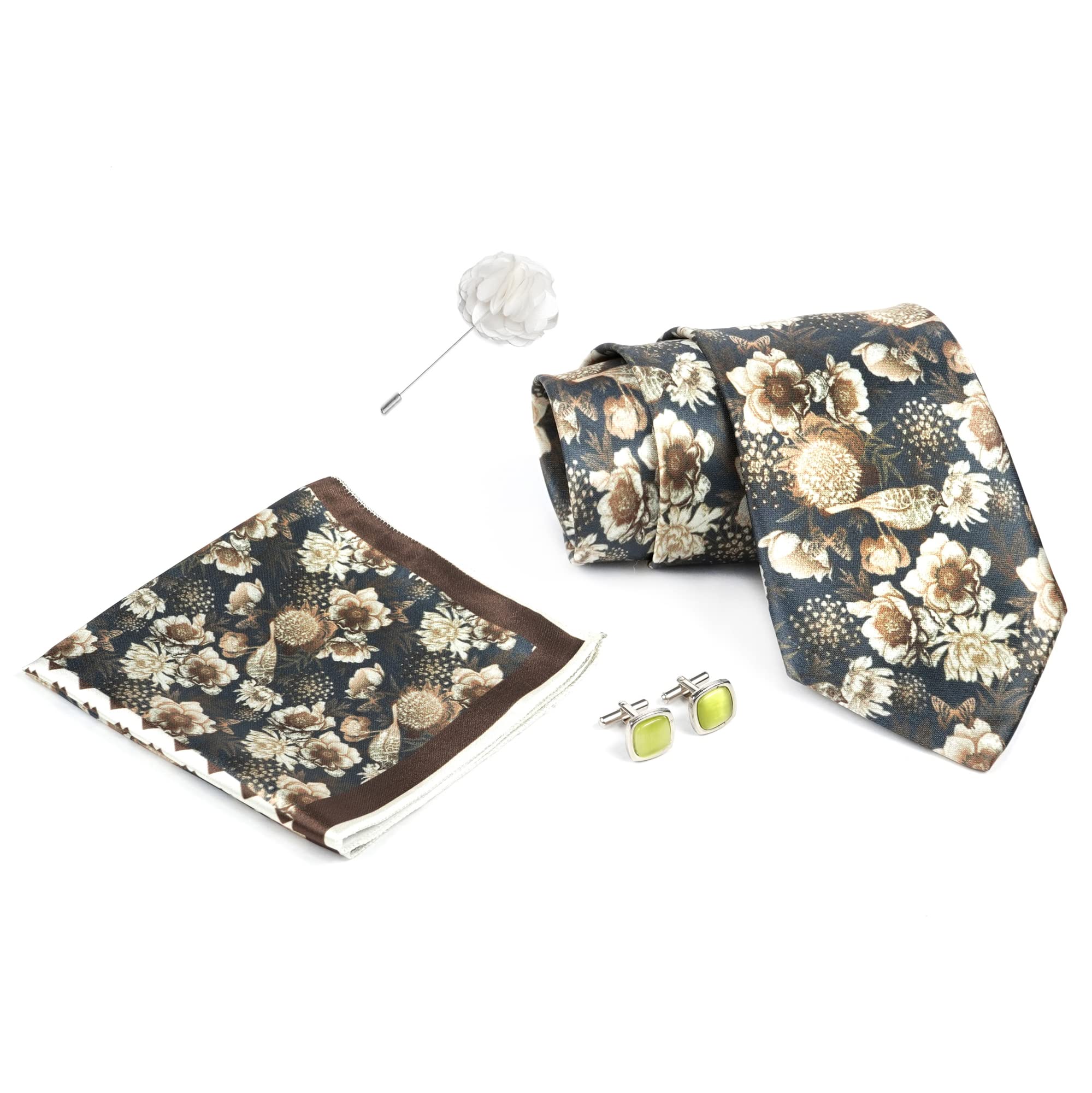 rizoro Brown White Mens Paisley Micro Print Silk Necktie Gift Set With Pocket Square Cufflinks & Brooch Pin Formal Tie With Wooden Box Free Size | (Wooden Gift Box) (Pack of 4) (RPL_21)-picture-34