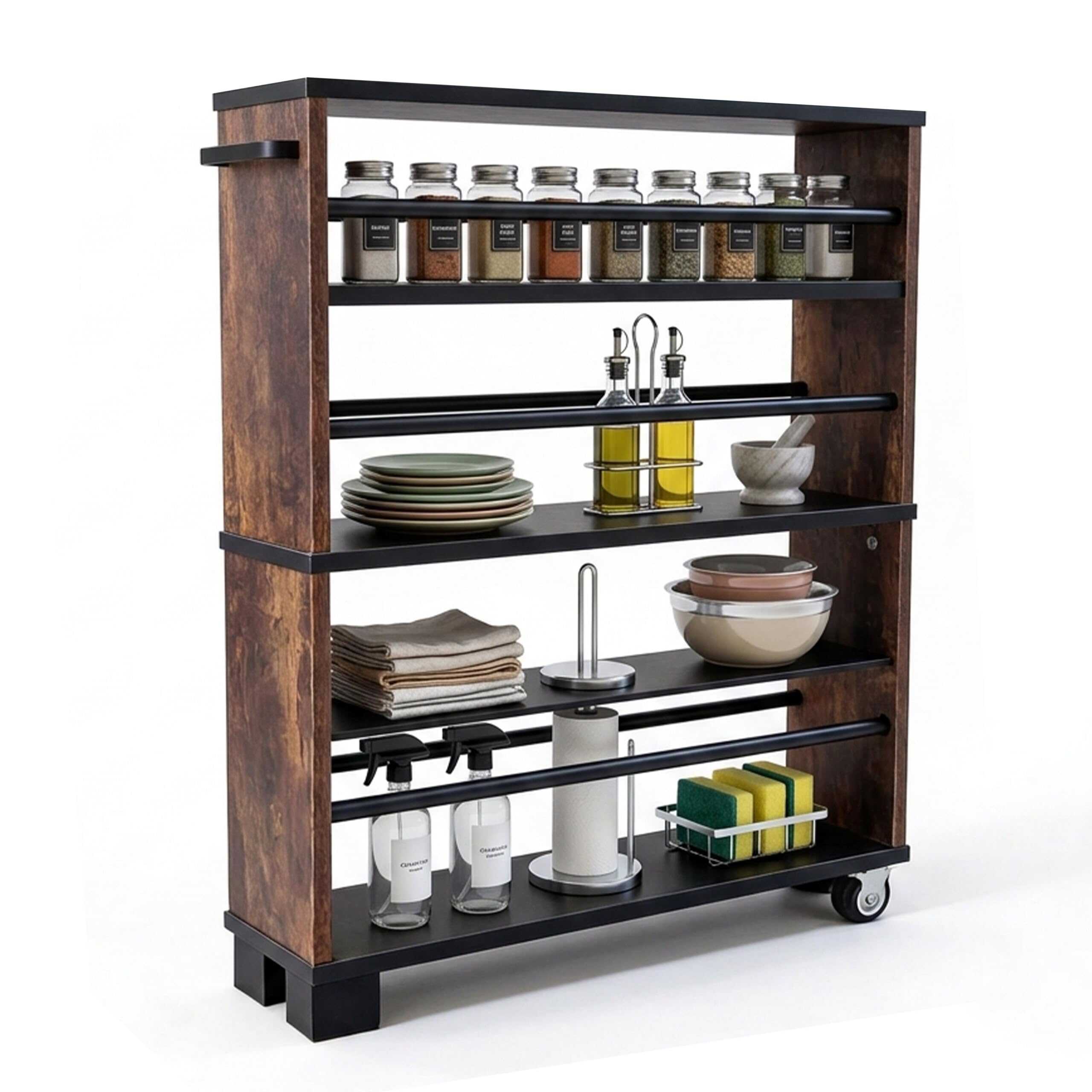 Relaxdays Carrello da nicchia, HLP: 80x13x50 cm, Stretto per Bagno e Cucina, 4 Ripiani, Maniglia con Ruote, Nero-Marrone