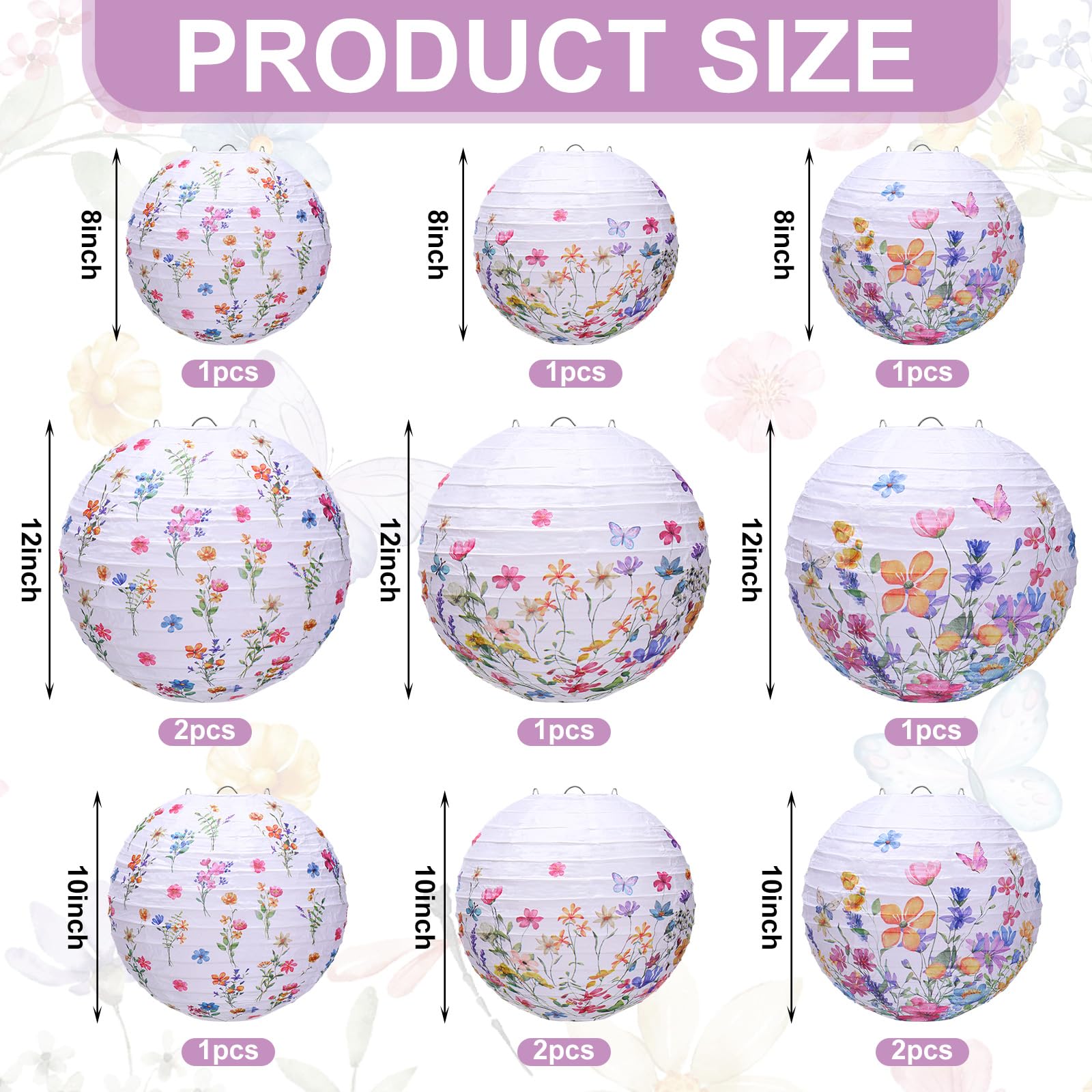 Riakrum 12 Pcs Wildflower Paper Lantern Set Floral Party Decorations Flower Paper Round Lanterns Wildflower Lantern Kit for Spring Baby Shower Bridal Shower Wedding Birthday Tea Party Supplies
