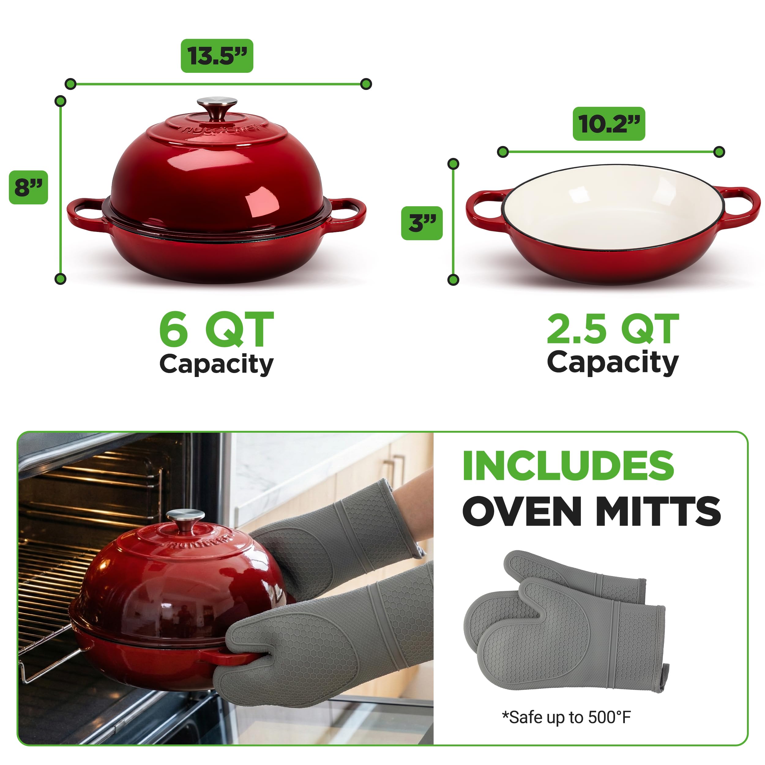 NutriChef 10,2" Emaliowany Żeliwny Garnek do Pieczenia Chleba, Kopułowa Forma do Chleba na Zakwasie z Uchwytami i Silikonowymi Rękawicami, Odporna na Temperaturę do 260°C, Dutch Oven (Czerwona)