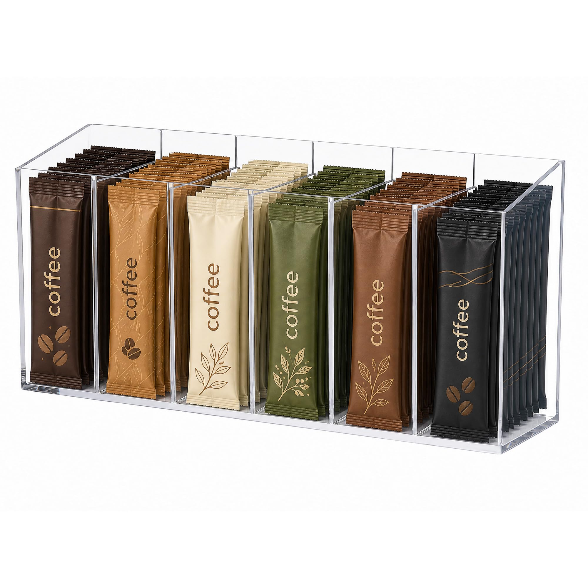 Roninkier Drink Packet Organizer with 5 Removable-Dividers - Clear Plastic Storage Bin for Water Flavoring Packets, Tea Bags, Coffee Pods and Snacks, Kitchen Pantry and Cabinet Organization Box