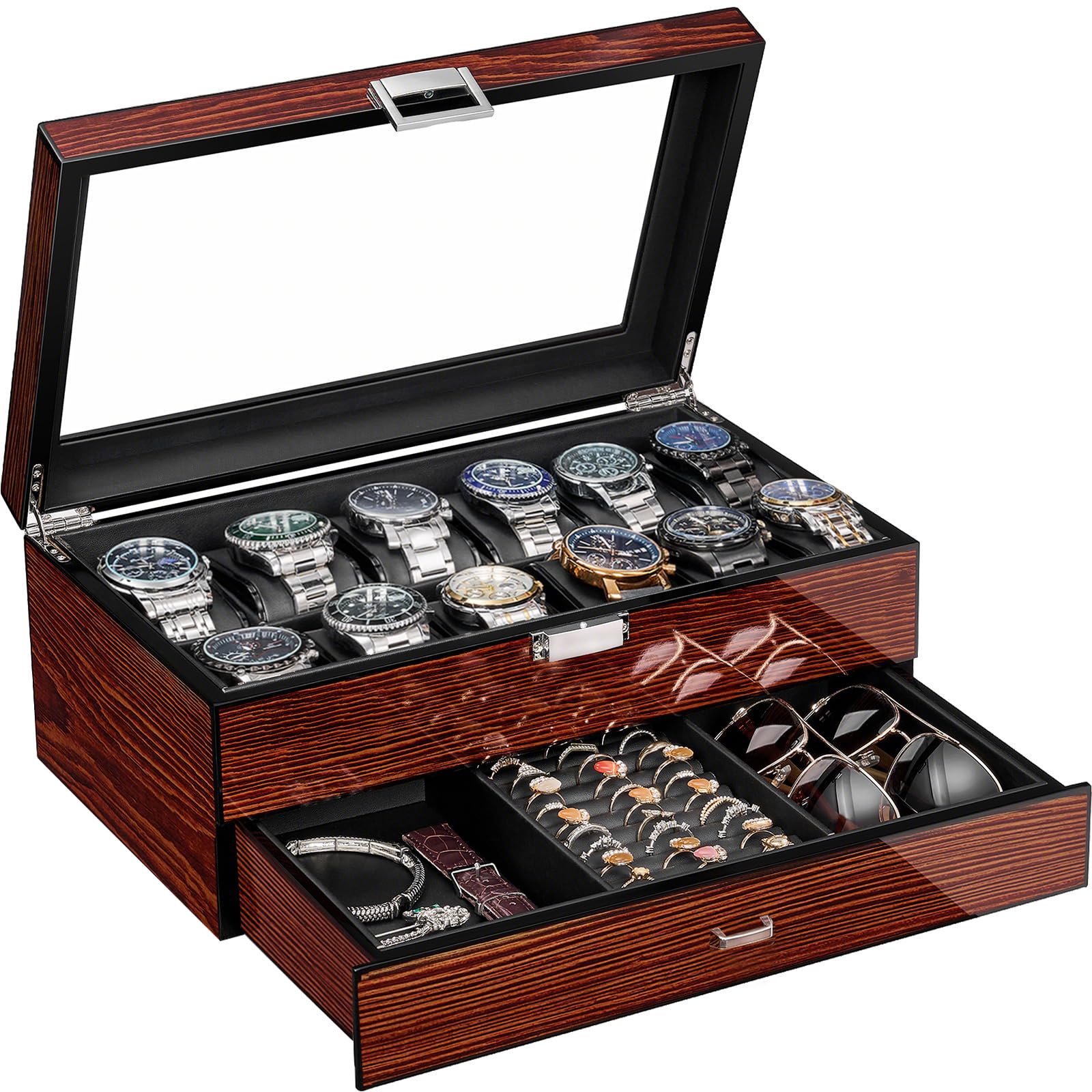 BEWISHOME High-End Watch Box, 12-Slot Watch Case with Large Glass Lid, 2-Layer Wooden Watch Box for Men, Watch Organizer Watch Storage Holder for Men Brown Red SSH02Y