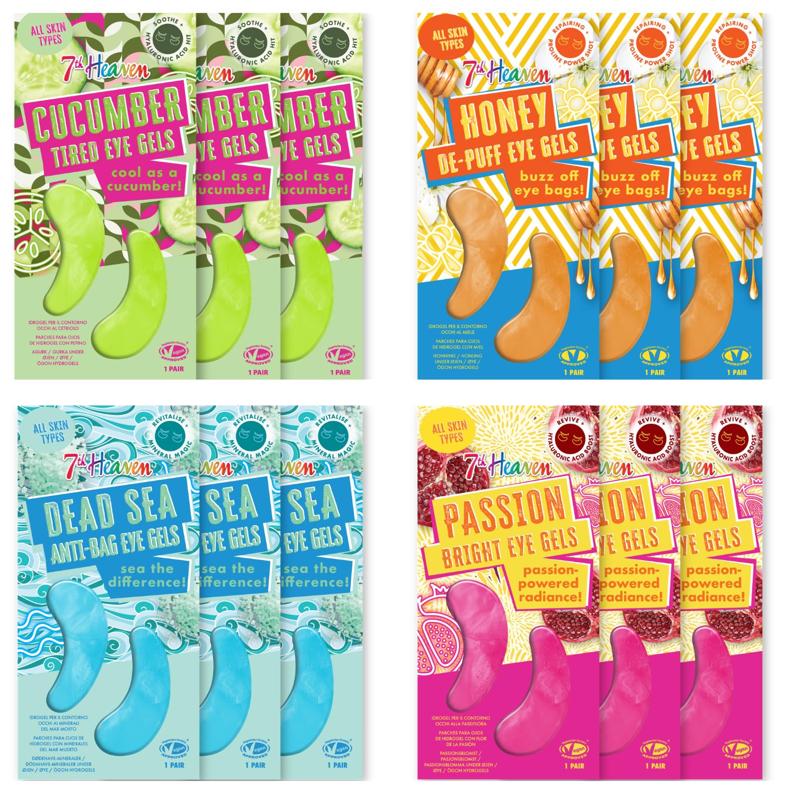 7th Heaven Under Eye Gels with Hyaluronic Acid and Proline - 12 Pairs - Passion, Dead Sea, Honey and Cucumber