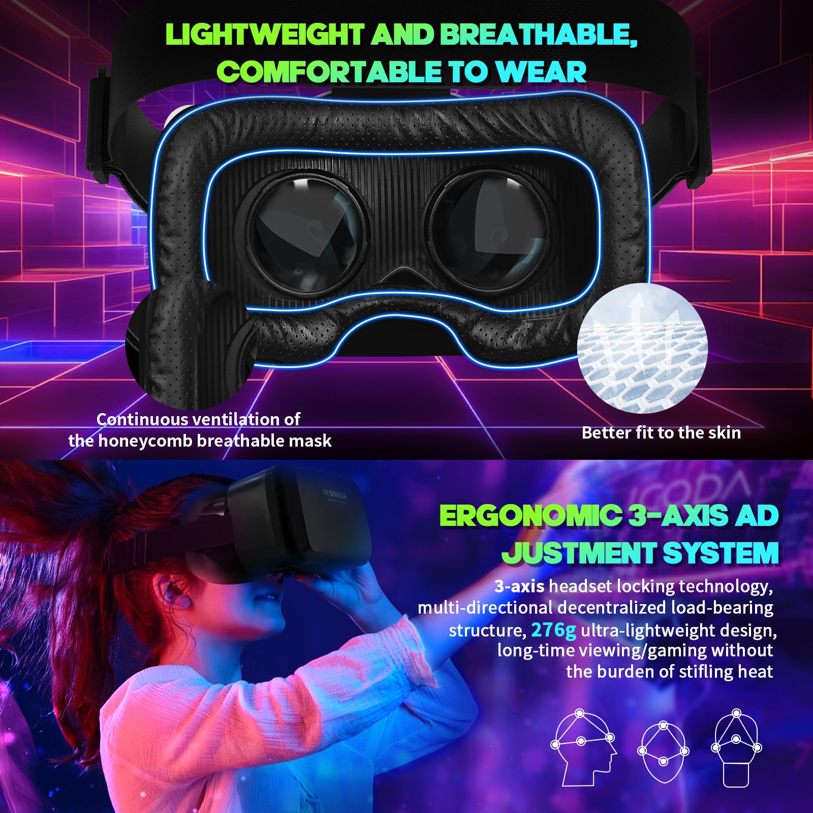 Auriculares VR para Smartphones, Controlador de Juego Bluetooth, Lentes asféricas HD para películas y Juegos 3D inmersivos, Enfoque de Palanca Ajustable e IPD, Sistema de refrigeración avanzado (se