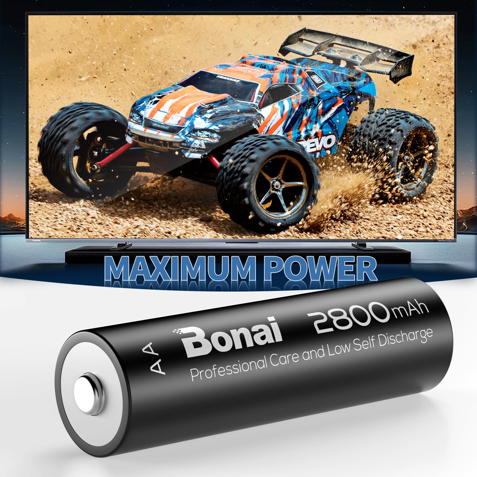BONAI Cargador de Batería de 16 Ranuras con 16 Piezas de 2800mAh AA Ni-MH Pilas Recargables, Caragdor de Pilas para Recargables AA y AAA Ni-MH con Carga Inteligente e Independiente, Indicador Led