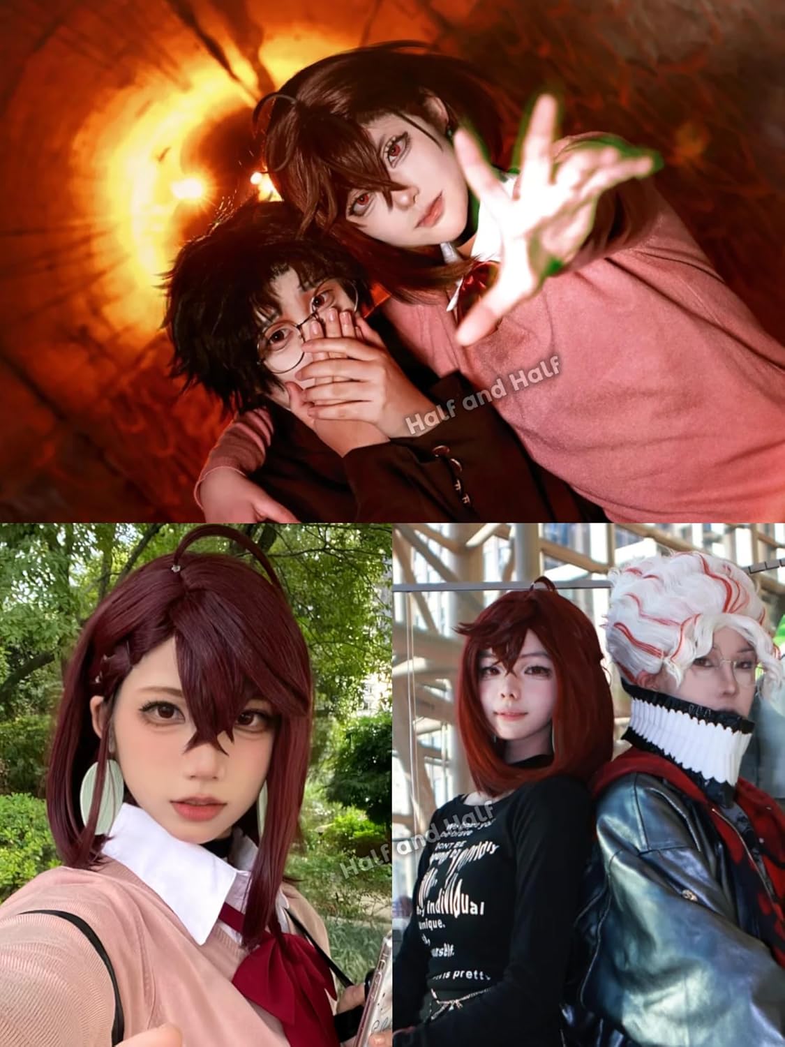 Half and Half Momo Ayase Cosplay Costume Wig Short Dark Brown Bob Anime Wigs with Bangs Red Brown DAN DAN DAN Wig for Women Party Halloween - Image 3