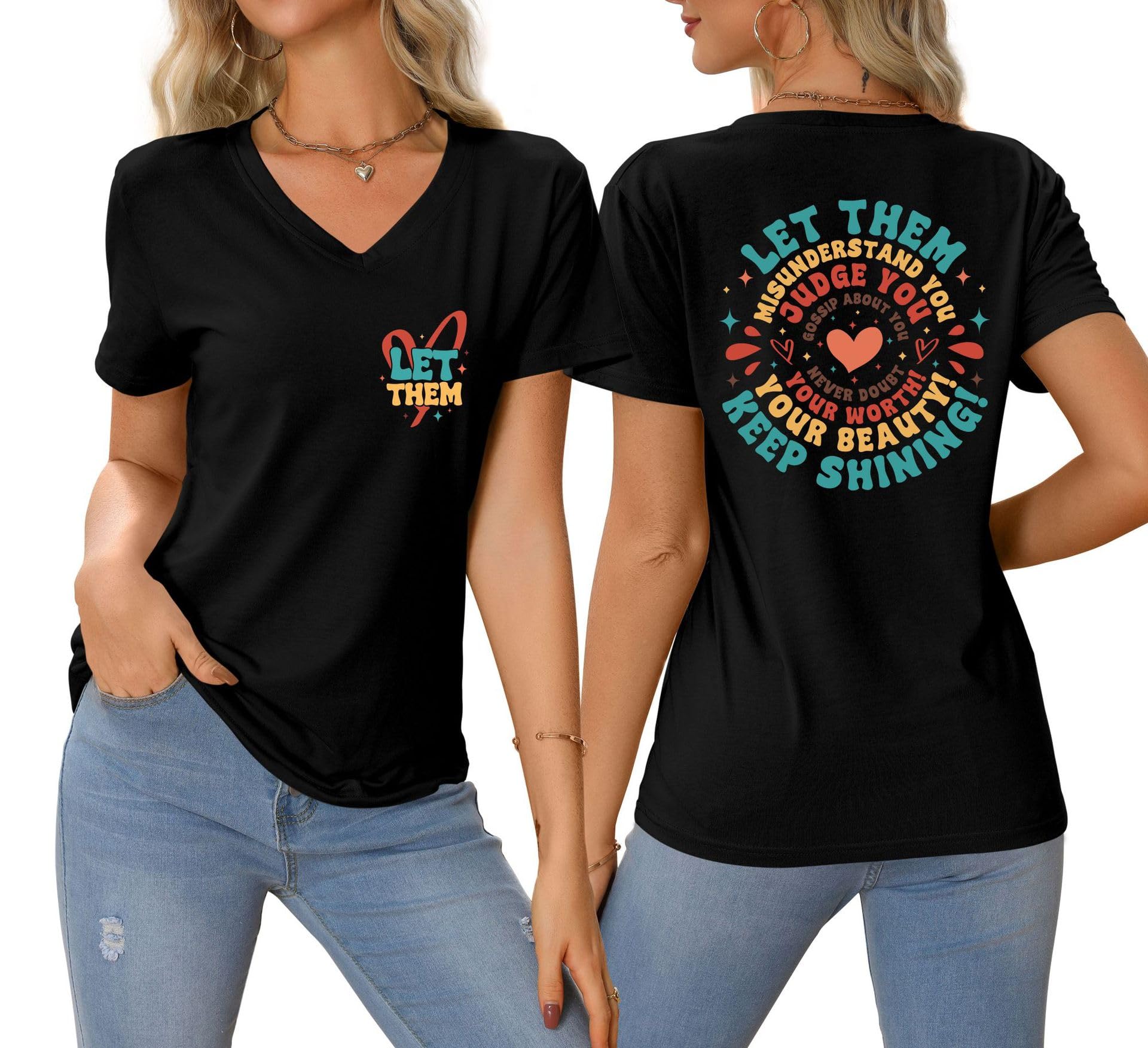 SITIEPA Let Them Misunderstand You Shirts, Cute Heart Graphic Tees V Neck Inspirational T-Shirts Womens Summer Tops