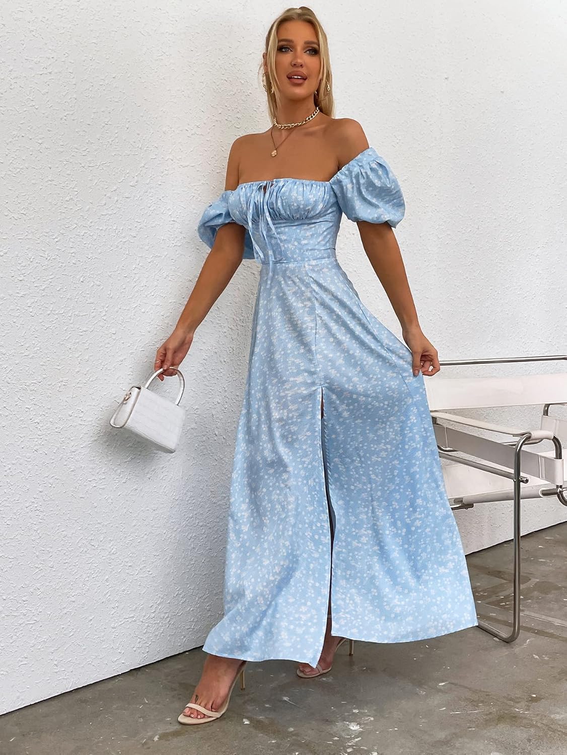 Women's Summer Puff Sleeve Floral Split Maxi Dress Flowy A Line Casual Beach Long Dresses 2025 - Image 3