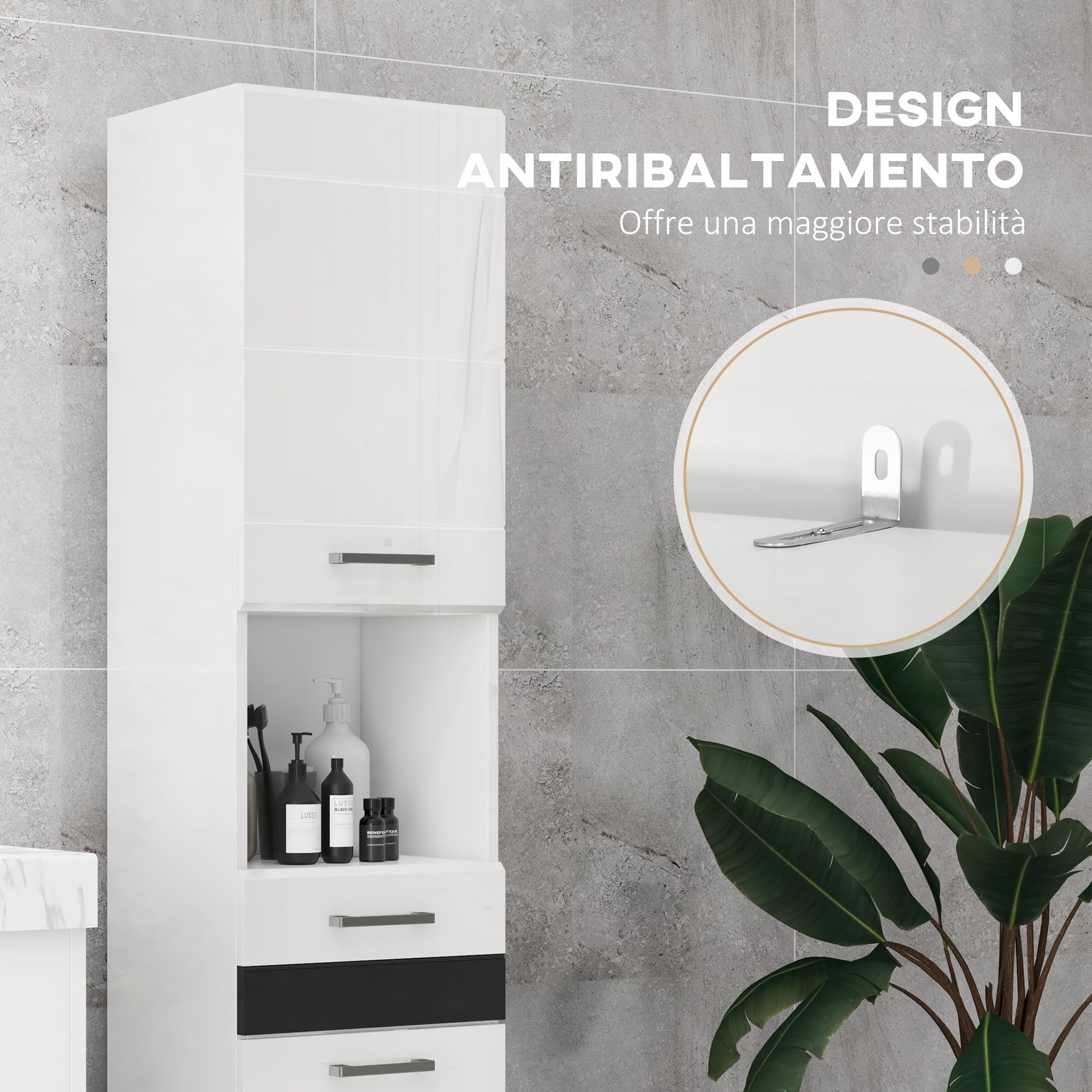 kleankin Colonna Bagno Salvaspzio in MDF, 37x32.5x170 cm Bianco Lucido | Mobile da Bagno, Ripiano Aperto, Cassetto, Armadietto Chiuso