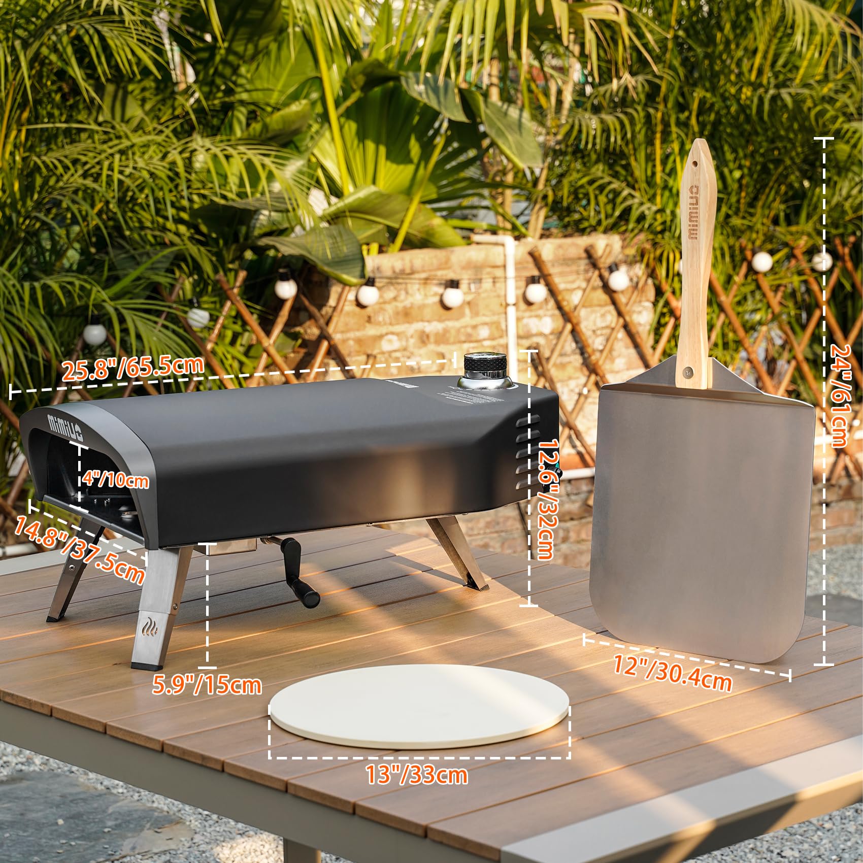 Mimiuo - Four à pizza portable au propane pour barbecue avec système de rotation manuelle, couvercle du four, pierre à pizza et coquille de pizza