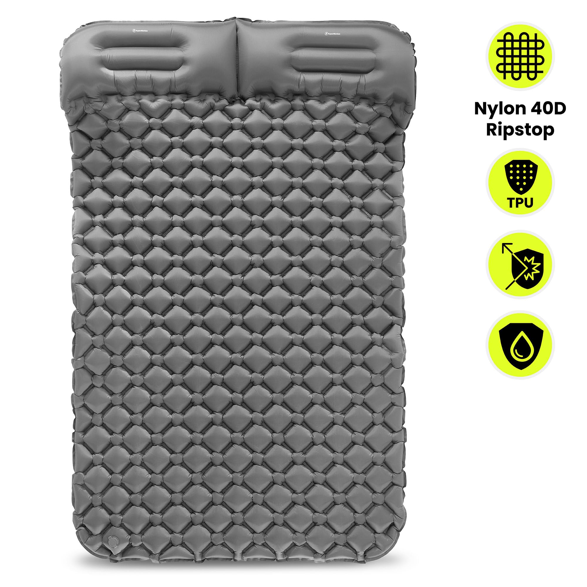 HyperMotion Campmat 2 Isomatte für 2 Personen 190x120 cm, Grau | 940 g Gewicht, zwei integrierte Kopfkissen, großes Liegeformat für gemeinsame Outdoor-Abenteuer