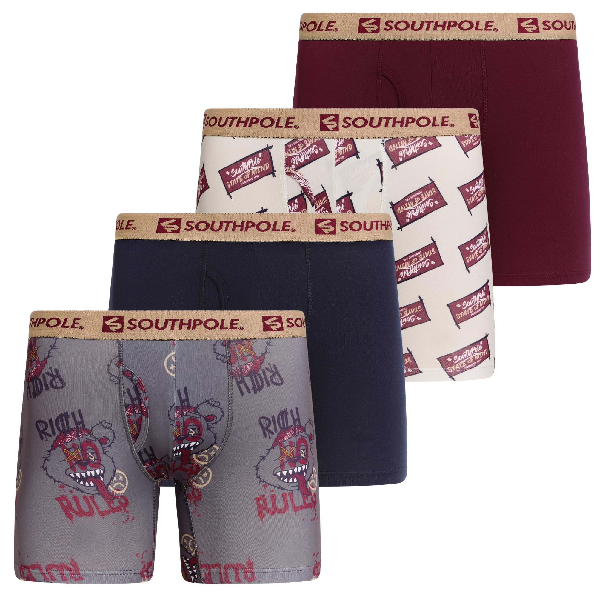 Southpole Boxer Briefs for Men Pack of 4 with 6" Inseam - Brushed Polyester Contour Pouch Athletic Moisture Wicking Underwear, Combo2, XXL