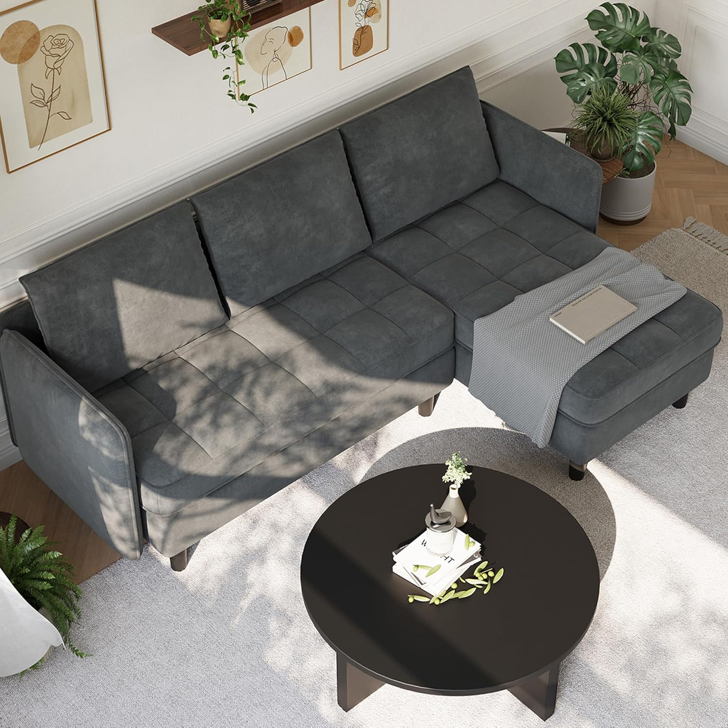 GarveeHome L Shape Sofa Couch, 76 Inch Chenille Sectional Sofa with Storage, Small Couch for Living Room Apartment, Dark Grey